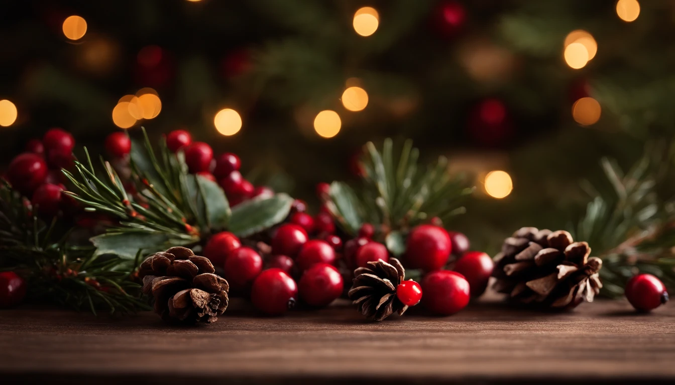 A rustic and cozy background featuring a wooden plank texture in deep brown, accented with pinecones, holly, and red berries.
