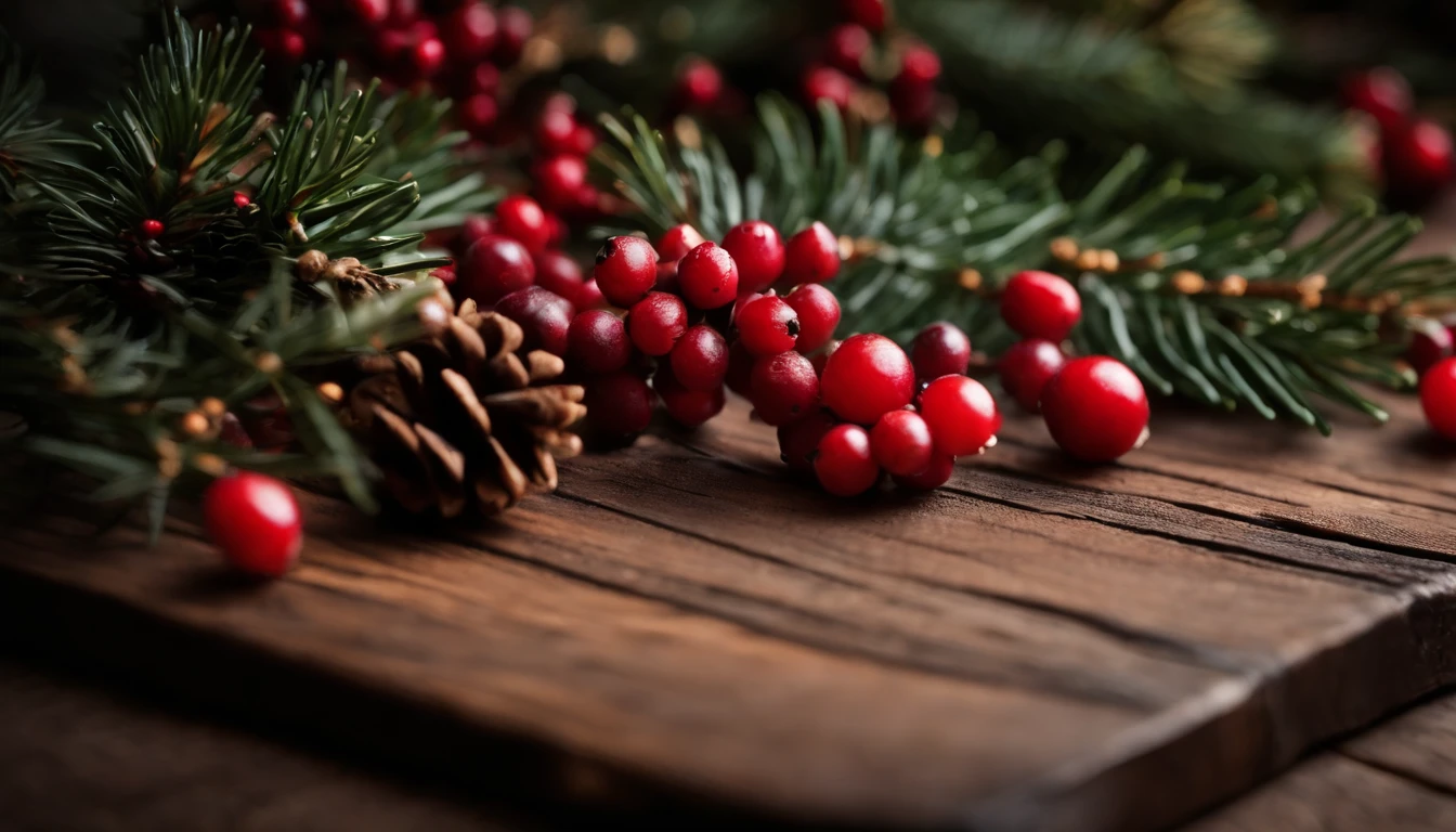 A rustic and cozy background featuring a wooden plank texture in deep brown, accented with pinecones, holly, and red berries.