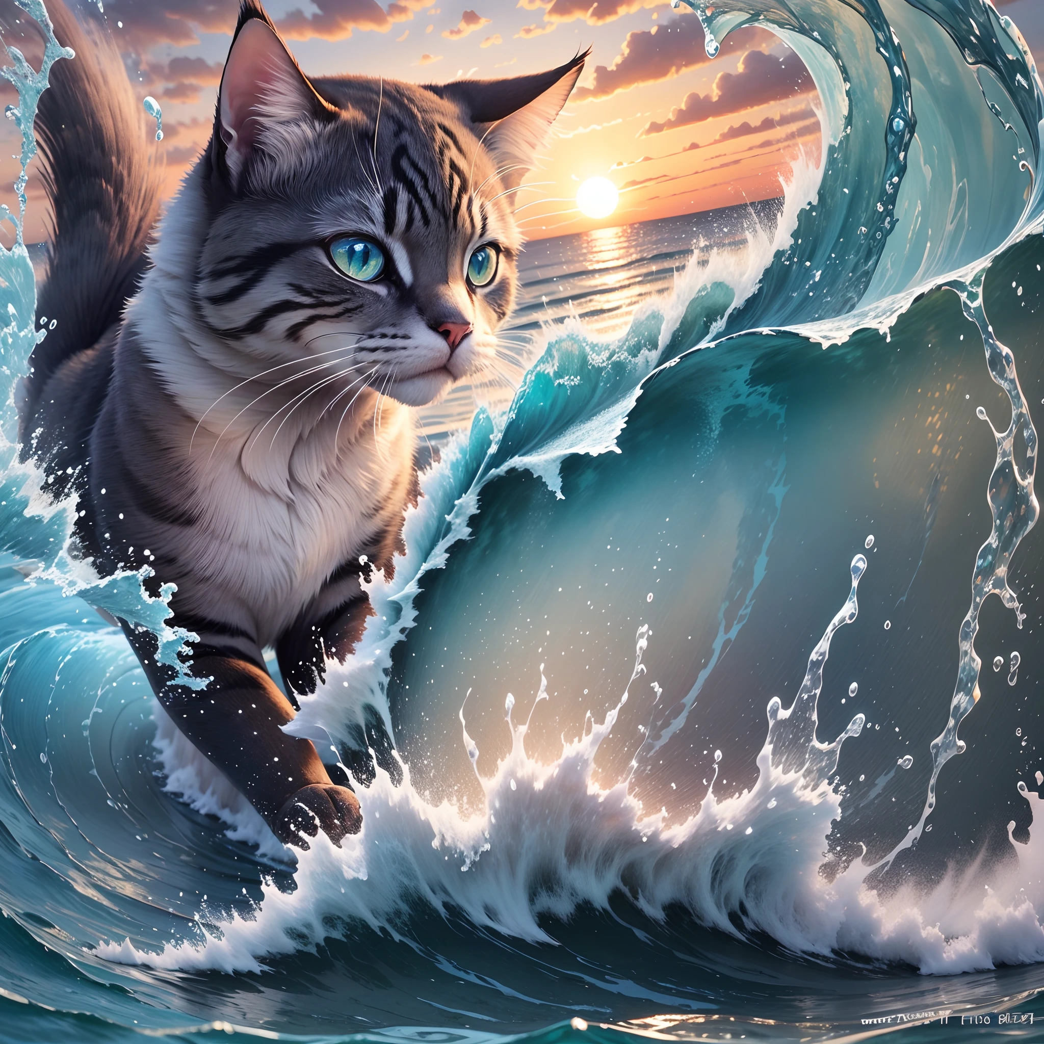 "Wave in the shape of a cat, WATER CAT, ultra-realistic, Sunset, 4k, 8k, Water splashes, Birds flying, Blue sky, water spirals, -- 9:16" --auto --s2