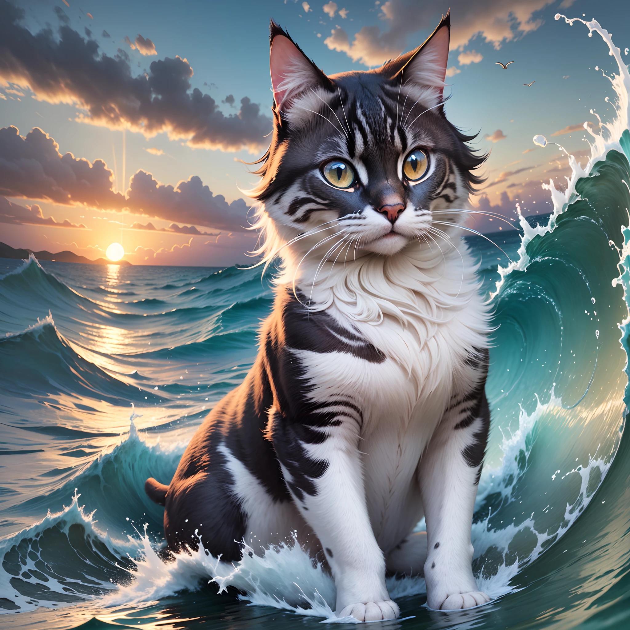 "Wave in the shape of a cat, WATER CAT, ultra-realistic, Sunset, 4k, 8k, Water splashes, Birds flying, Blue sky, water spirals, -- 9:16" --auto --s2