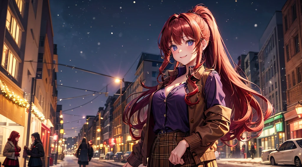 1girl, solo, christmas, ((christmas tree)), street, night, lights, snow, giving gift, long hair, red hair, curly hair, ponytail, large breasts, button down, ((opened brown short jacket)), dark blue eyes, ((purple shirt)), checked shirt, ((unbuttoned shirt)), ((long skirt)), smile, kind, looking at the viewer, standing