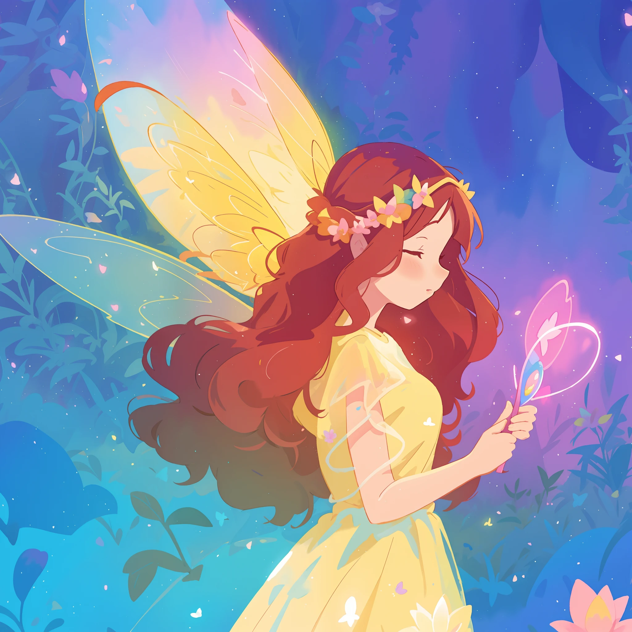 beautiful fairy girl in yellow flowing dress, long curly brown hair, colorful flower crown on her head, colorful fantasia background, large fairy wings, magical pink light, watercolor illustration, disney art style, glowing aura around her, glowing lights, beautiful digital illustration, fantasia otherworldly landscape plants flowers, beautiful, masterpiece, best quality, anime disney style