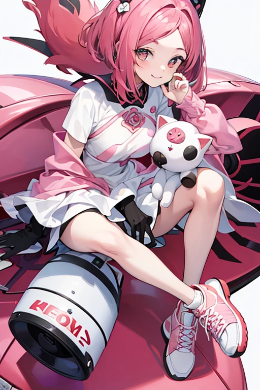 (((remilia scarlet))),(touhou),((red eyes)),(((short hair,purple hair,light purple hair,blue hair))),(((slit pupils))),(((white headwear,pink headwear, mob cap))),(((motorcycle racing wear))),(((grin))),(((full body))),(((simple white background))),(((from front)))
