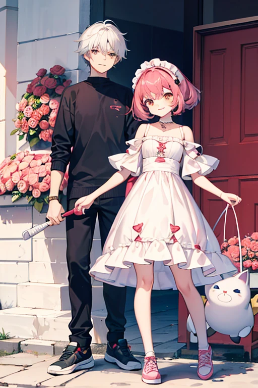 faz uma menina com cabelo rosa e mecha preta, rosto fofo sorrindo, uma roupa rosa fofa vestido e tenis fofo tambem, orelha de gatinho