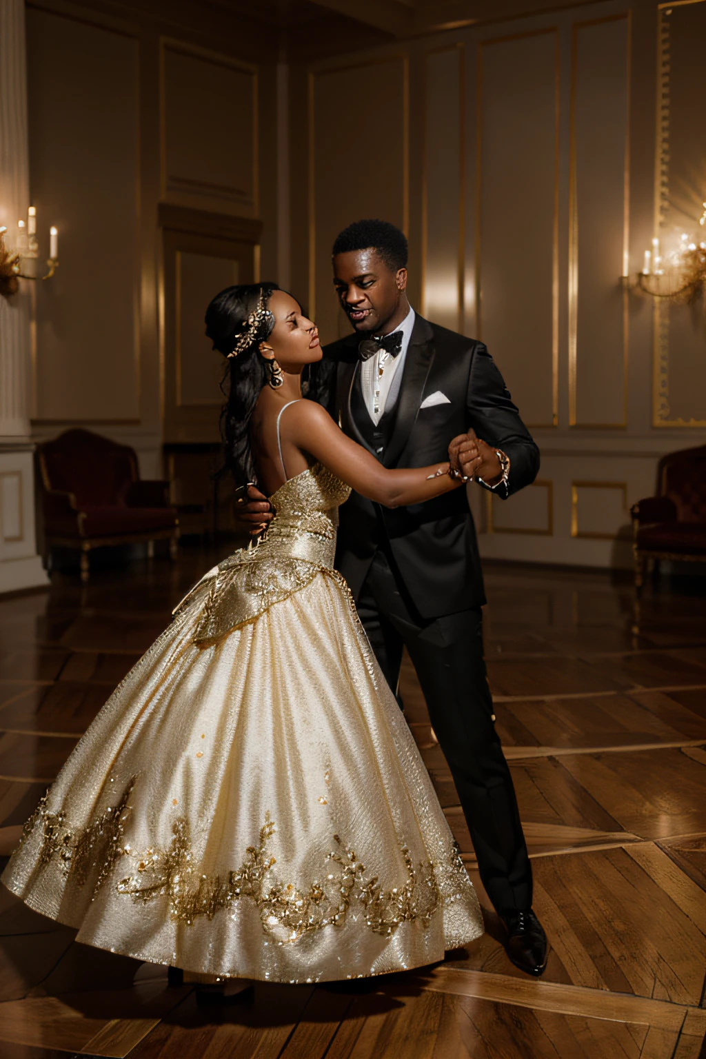 (photorealistic), beautiful lighting, best quality, cinematic, realistic, full body portrait, real picture, intricate details, depth of field, scene is; a 'masquerade ball' in a grand house, there's is two people dancing together in the ballroom. an African American man very well dressed in a dinner suit age mid 30's, wearing a eyemask for a 'Masquerade ball'. there is also an African-American woman very beautiful and pretty in her early 30s dressed in a ball gown, with a eyemask for the 'Masquerade ball' both are dressed for 'masquerade ball' tacticool, Fujifilm XT3, Beautiful lighting, RAW photo, 8k uhd, film grain, ((bokeh))