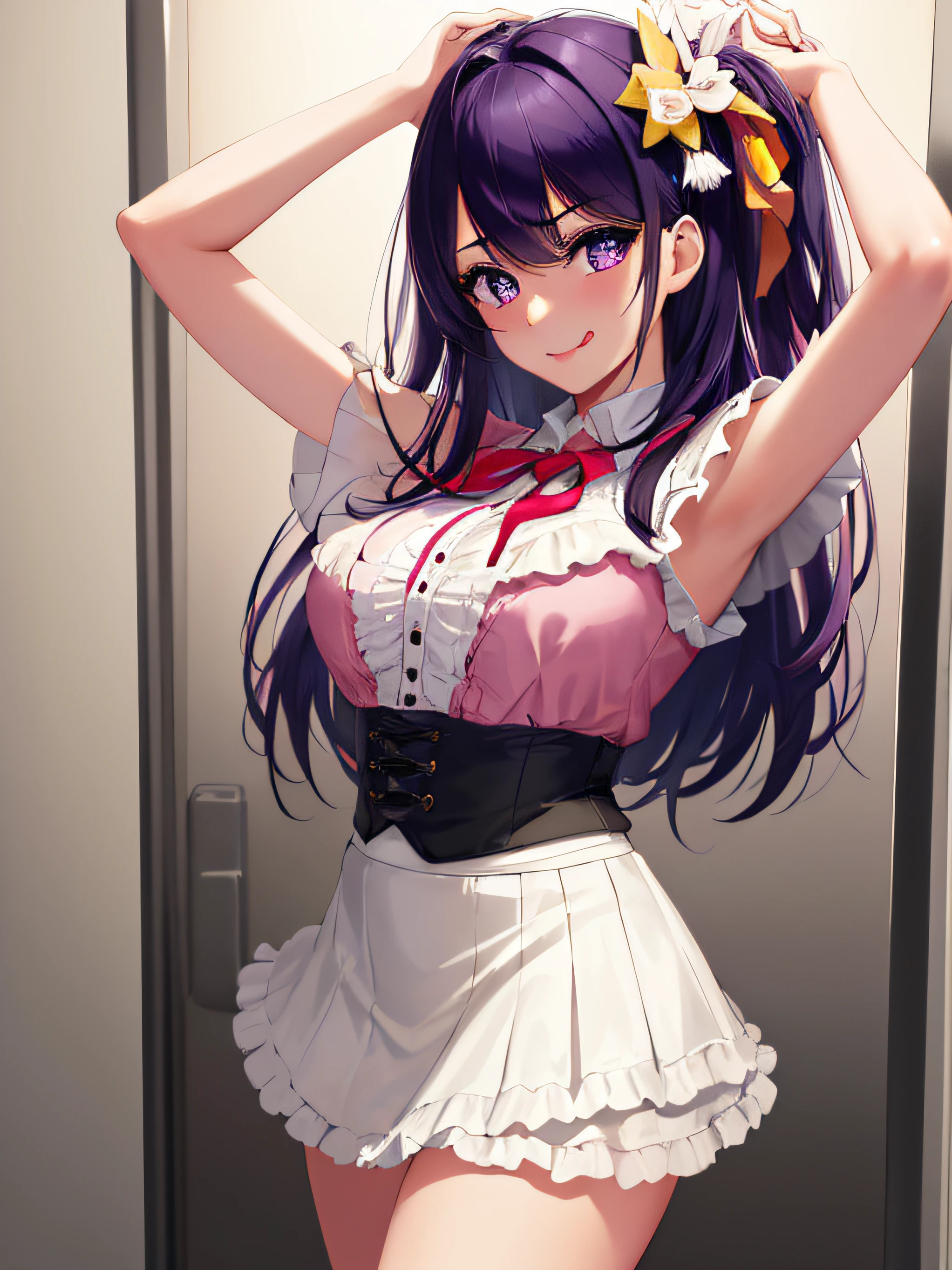 1girl, full body, cowboy shot,
(Rembrandt), illustration, (masterpiece), (best quality), (ultra_detailed), finely detail, (Depth of field),
HshinoAi,gloves, tongue out, tongue, long hair, star \(symbol\), looking at viewer, (purple hair:1.2), purple eyes, upper body, hair ornament, :p, frills, pink shirt, smile, sleeveless, shirt, idol, symbol-shaped pupils, hands up, bangs, one side up, star-shaped pupils, arms up,
dress pull, 1beautiful girl, Beautiful students, (Slender body:1.2), Realistic, extremely detailed CG unified 8k wallpaper, ighly detailed, High-definition raw color photos, professional photograpy, Realistic portrait, Cinematic Light, Beautiful detailed, (Beautiful breasts:), (cleavage of the breast:1.2), (Uniform with wide open chest:1.5), (Mini skirt:1.3), Small Panties、(Light blue lace material panties:1.5), (Squatting:1.1), Indoors, School, (Best Quality:1.4), Super Detail, High quality,
Roaring Twenties, isometric, from above, sky, flower, cliff,
1womanl、(Super beautiful)、(beauitful face:2)、(A detailed face:1.3)、(Shot from the knee up)、(Japan flight attendants)、(Flight attendant uniforms)、(Tailored jacket)、(She lifts her skirt to reveal her white panties:1.4)、(Bare legs:1.5)、Brown hair、(Standing in the corridor of an airplane:1.2)、(At SFW:1.1)