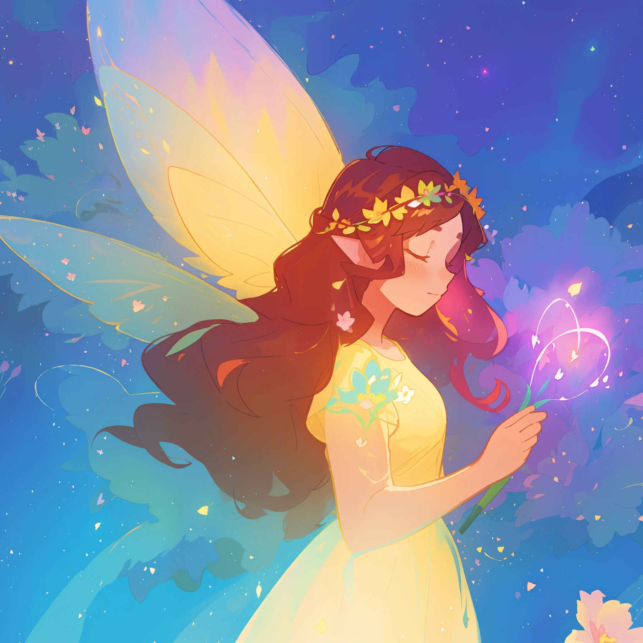 beautiful fairy girl in yellow flowing dress, long curly brown hair, colorful flower crown on her head, colorful fantasia background, large fairy wings, magical pink light, watercolor illustration, disney art style, glowing aura around her, glowing lights, beautiful digital illustration, fantasia otherworldly landscape plants flowers, beautiful, masterpiece, best quality, anime disney style