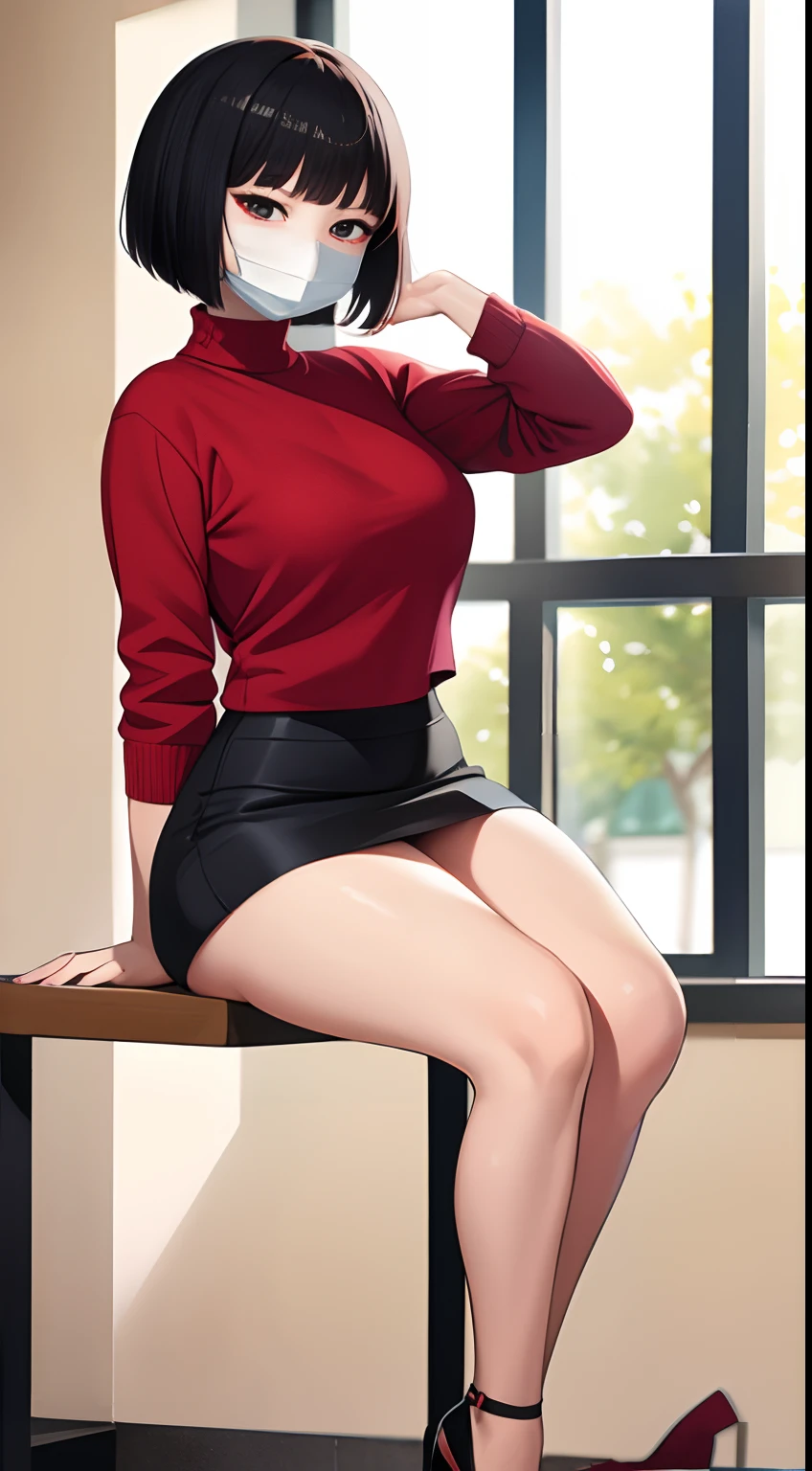 masterpiece, best quality, asian woman, abs, tight red sweater, black skirt, high heels, sitting, short hair, bangs, looking at viewer, facemask