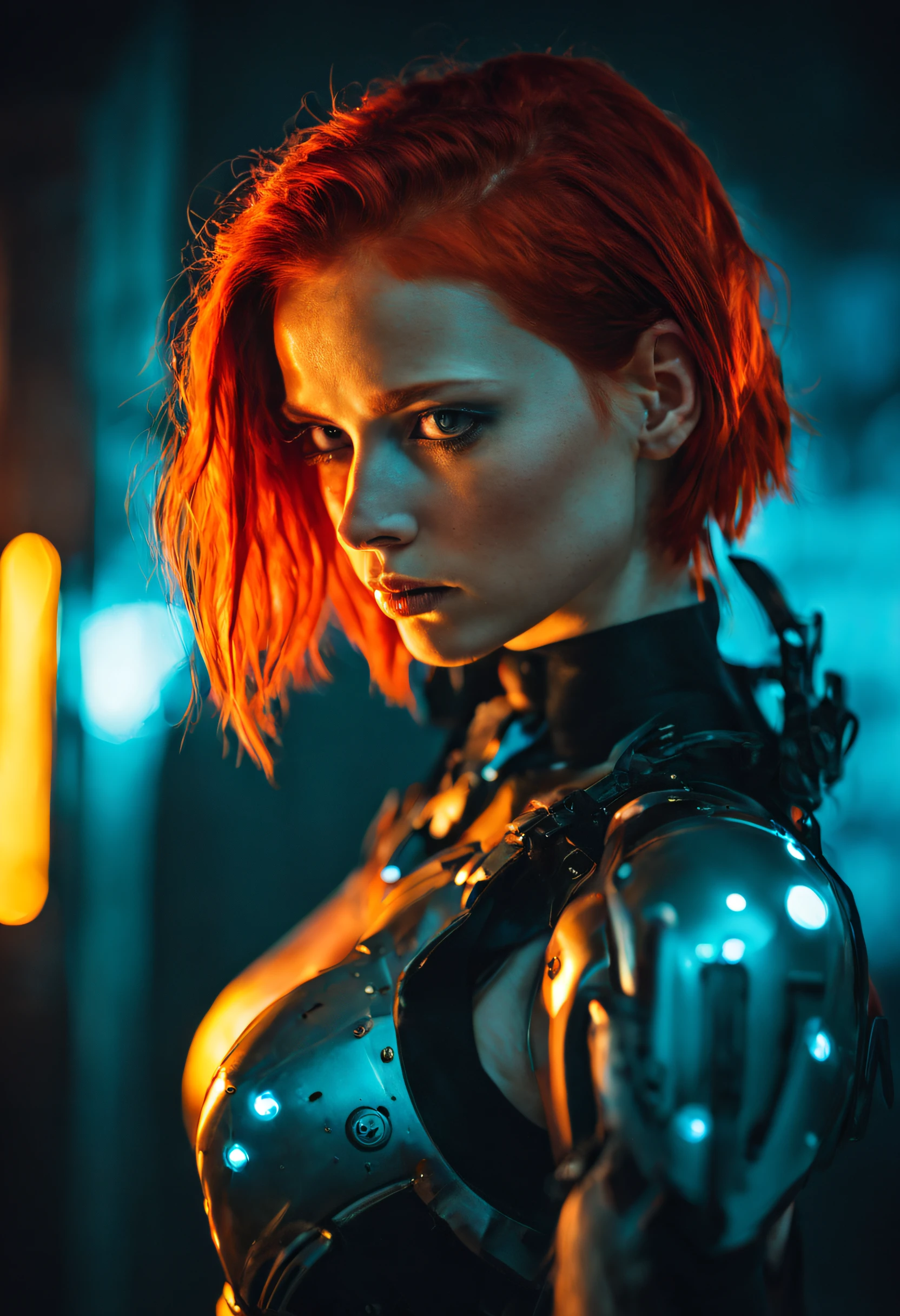 A Photograph capturing the essence of a young cyborg woman with fiery red hair. Her face fills the frame, bathed in neon hues, exuding determination and mystery amidst a futuristic backdrop., undefined