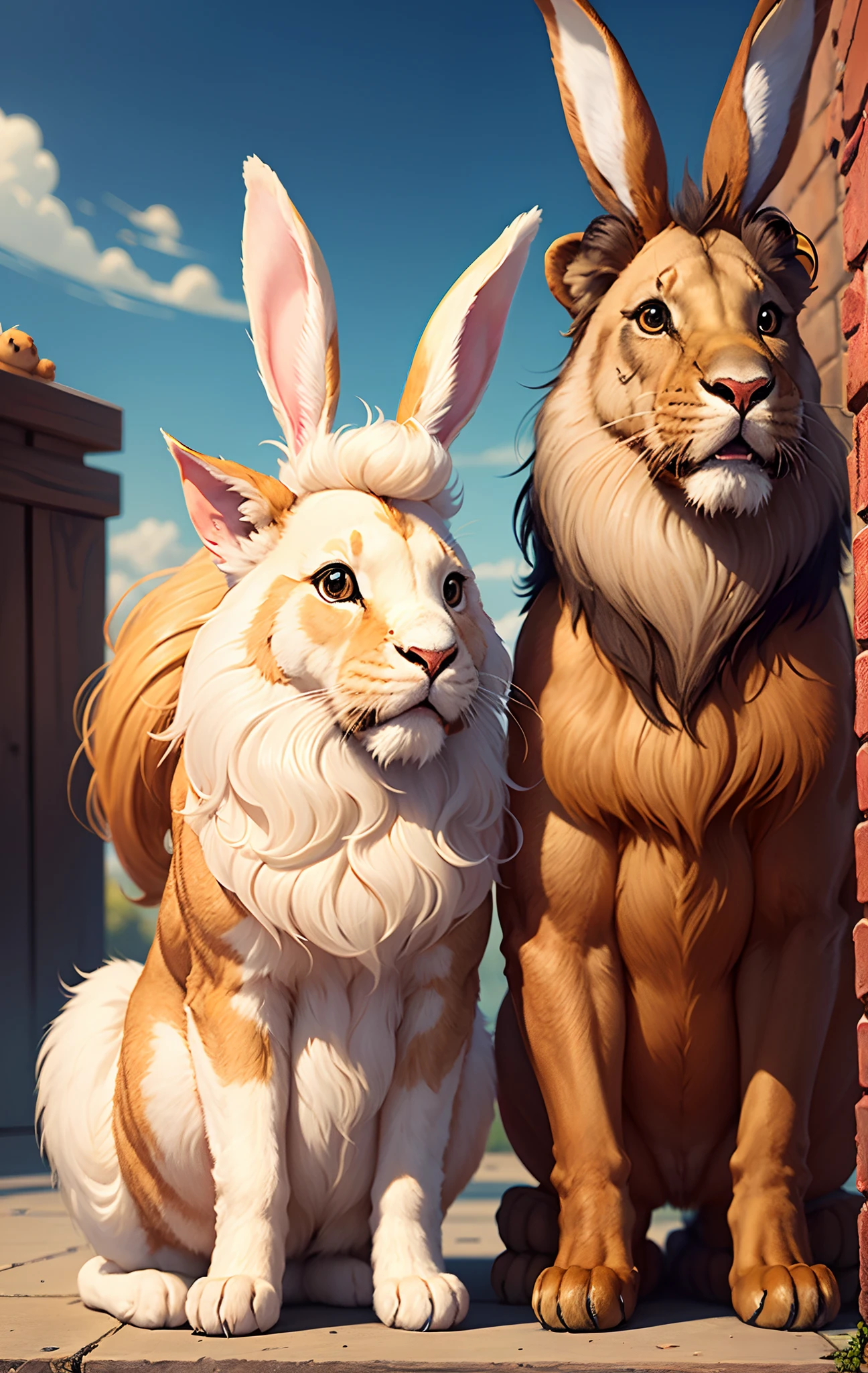 a Disney Pixar movie poster titled “Wallace” with a giant blonde lionhead bunny. with a smaller black bunny eating a banana.