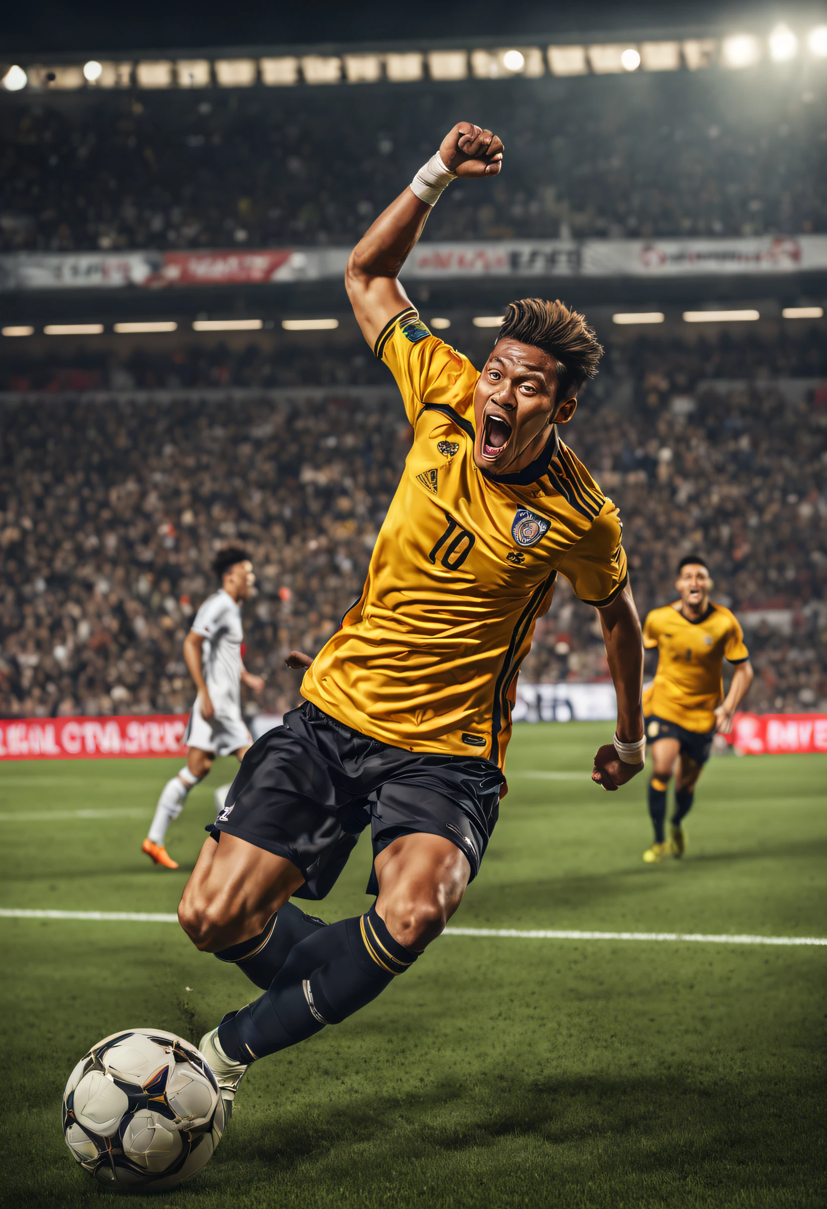 (best quality, 4k, 8k, high resolution, masterpiece: 1.2), ultra-detailed, (realistic, photorealistic, photorealistic: 1.37), professional photography, soccer player, penalty kick, clear focus, action shot, athletic movement , fierce concentration, precision skill, elegant movement, high-speed capture, professional equipment, sharp shadows, vignette effect, vivid colors, dynamic composition, beads of sweat, emotional intensity, stadium lighting, striking contrast, explosive power, synchronization perfect, crowd celebration, goalkeeper reaction, emotional celebration, fast-paced game, energy and excitement, competitive spirit, sparkling grass, goal, uniform, adrenaline rush, pressure-filled moment, game-changing opportunity, showmanship, athletic prowess , inspiring moment