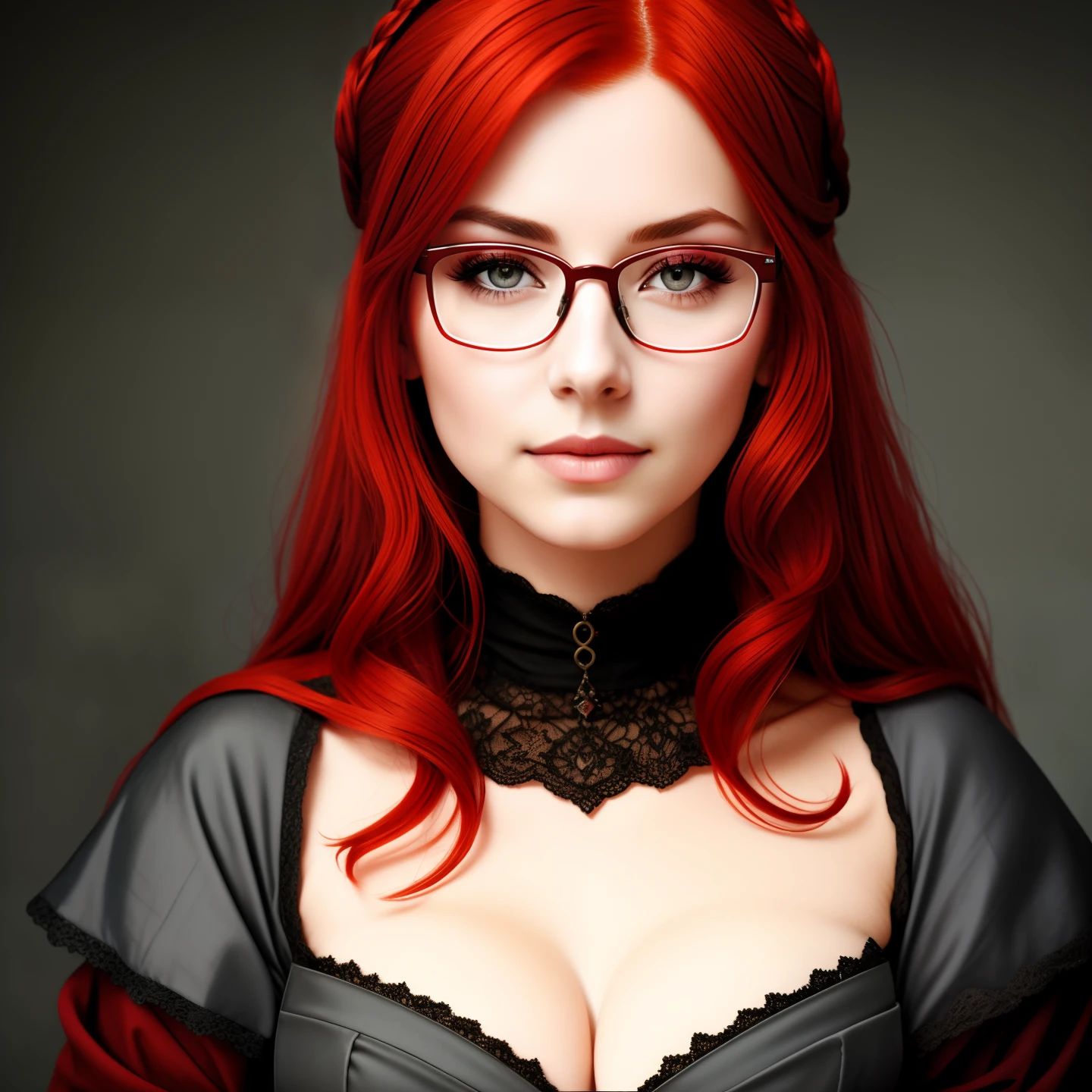 Medieval woman with red hair and grey eyes with glasses