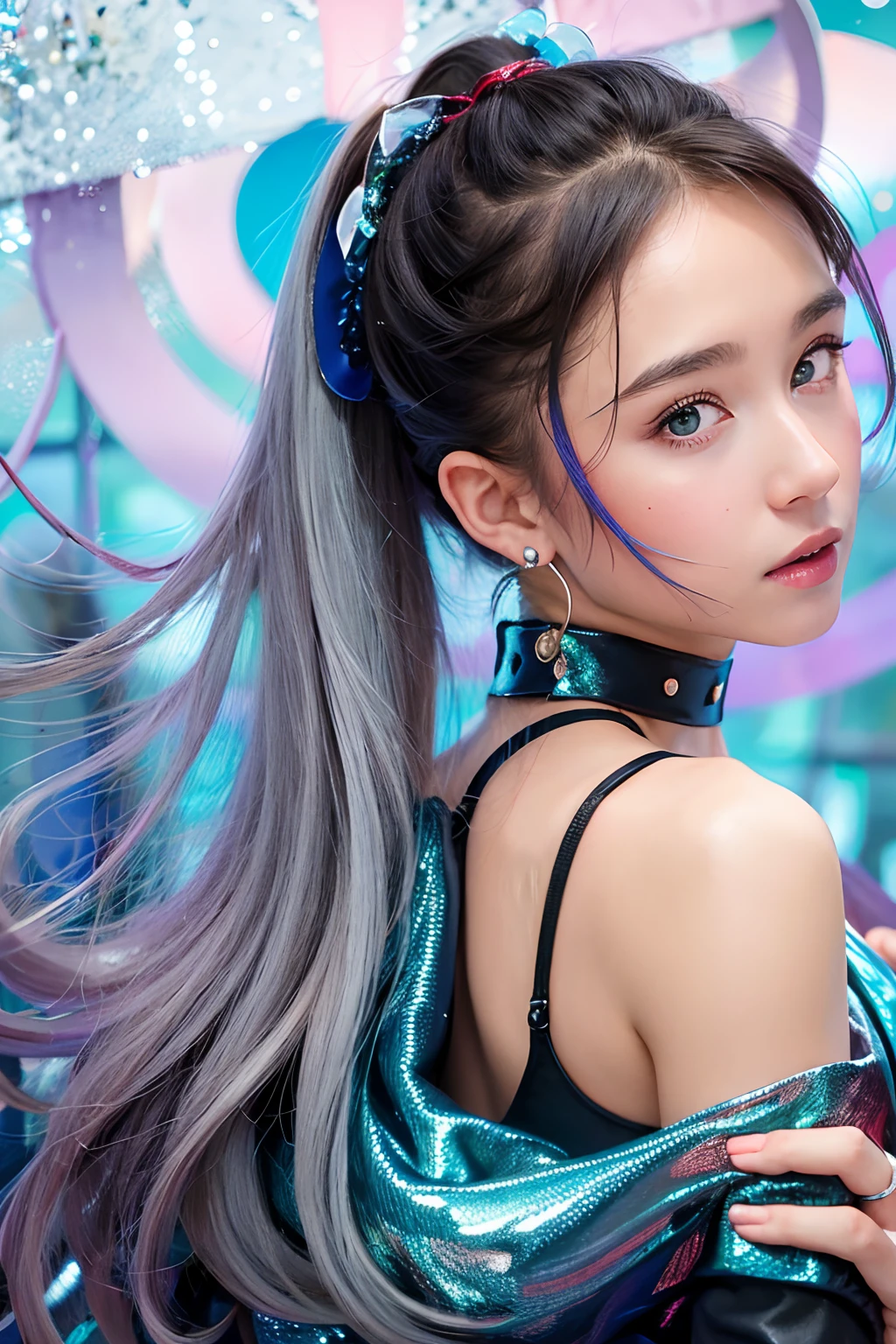 1girl in, aqua eyes, Back, Bangs, Bare shoulders, Black Gloves, Blue eyes, braid, Choker, earrings, Fingerless gloves, from behind, gloves, Grey Hair, Holding, Jacket, Jewelry, Long hair, Looking at Viewer, Looking back, nail polish, off shoulders, Parted lips, Piercing, Ponytail, Red jacket, Solo, Upper body,baby,[[Realistic]],(Shiny skin),(masutepiece:1.4),(Best Quality:1.4)