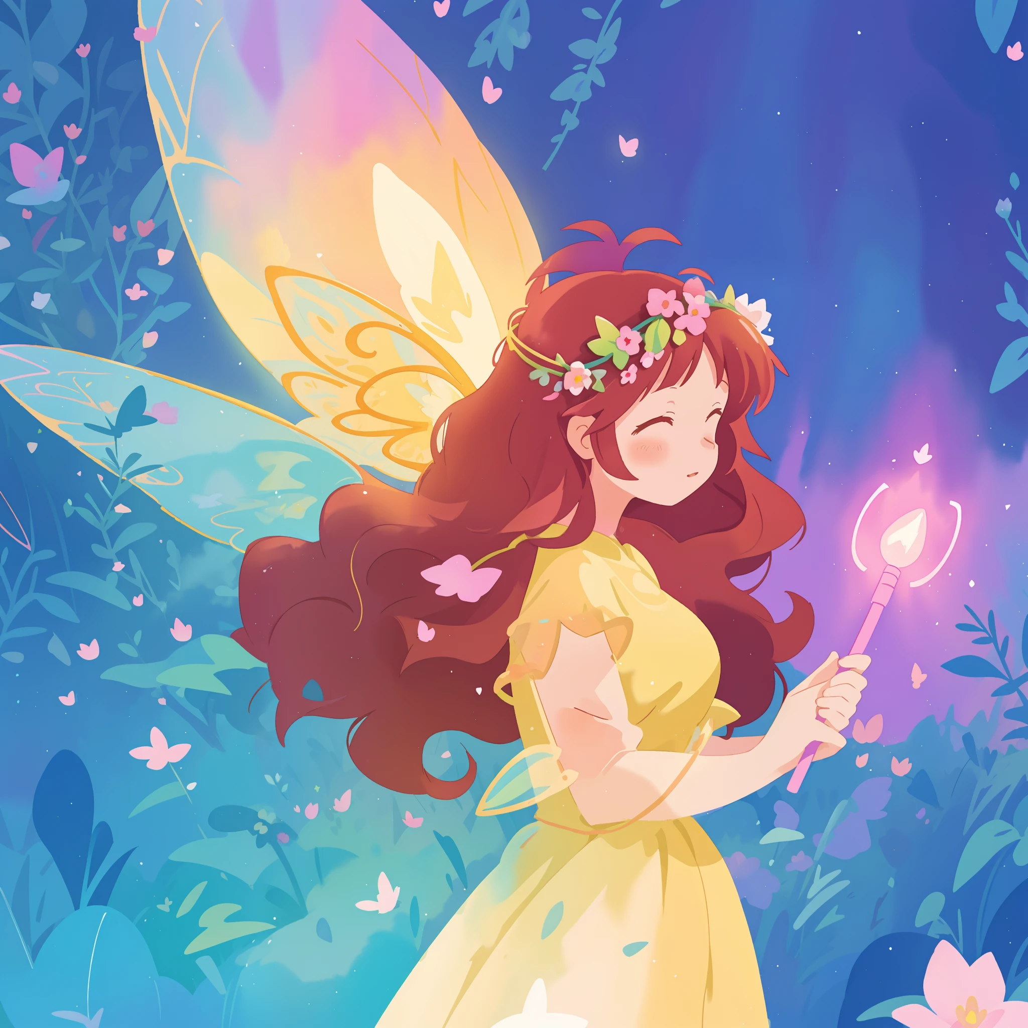 beautiful fairy girl in yellow flowing dress, long curly brown hair, colorful flower crown on her head, colorful fantasia background, large fairy wings, magical pink light, watercolor illustration, disney art style, glowing aura around her, glowing lights, beautiful digital illustration, fantasia otherworldly landscape plants flowers, beautiful, masterpiece, best quality, anime disney style