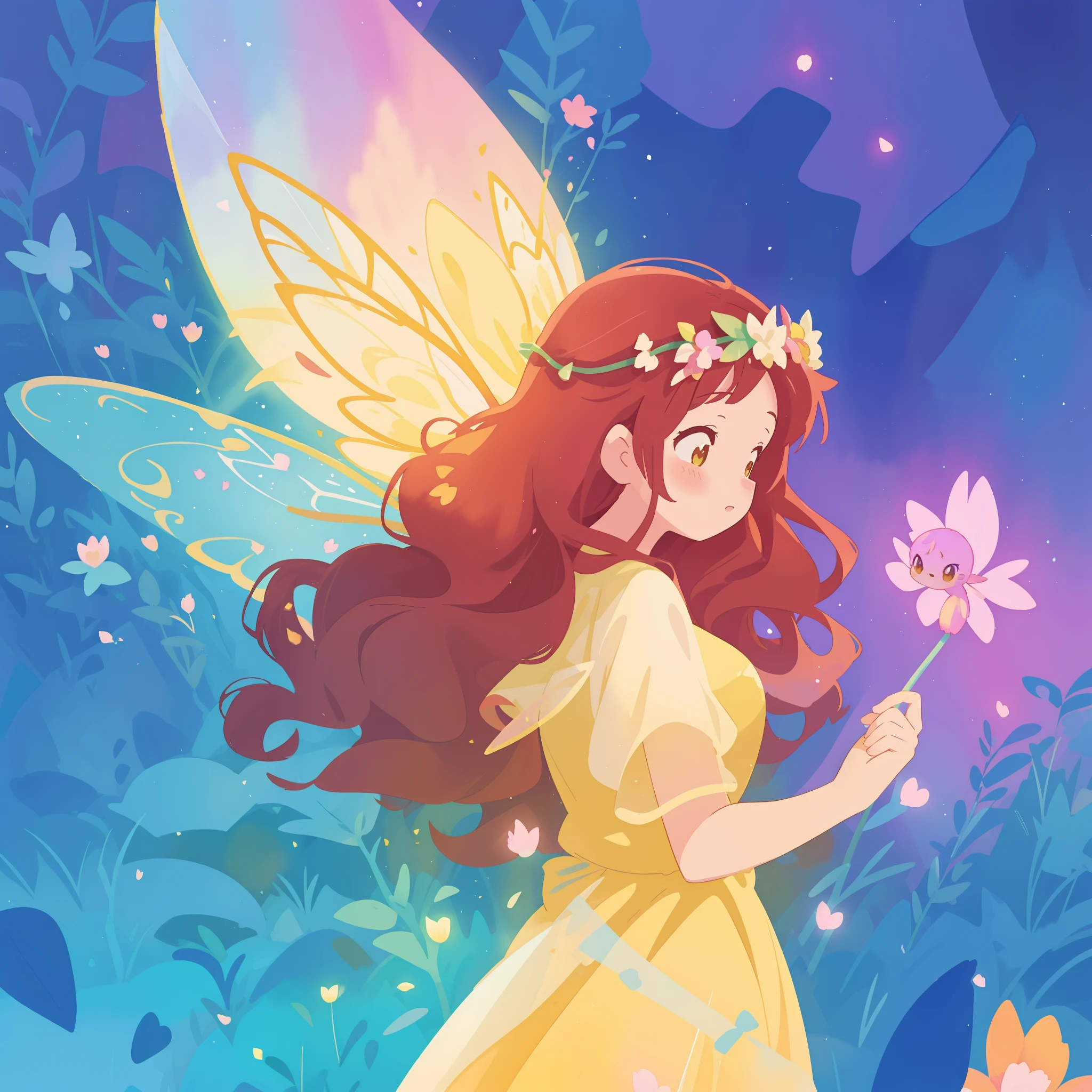 beautiful fairy girl in yellow flowing dress, long curly brown hair, colorful flower crown on her head, colorful fantasia background, large fairy wings, magical pink light, watercolor illustration, disney art style, glowing aura around her, glowing lights, beautiful digital illustration, fantasia otherworldly landscape plants flowers, beautiful, masterpiece, best quality, anime disney style
