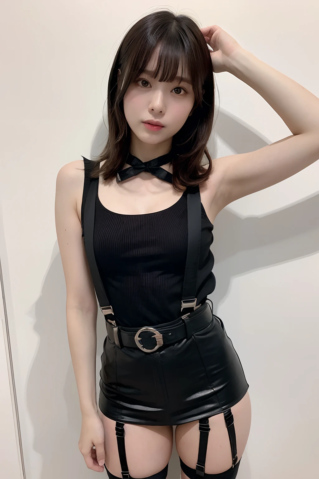 masterpiece、flat-colors、depth of fields、lens flare 1 girl、、Brown hair、watching at viewers black suspenders bulging big breasts Armpit sweat perspiring Side of both hands walls: Black miniskirt Garter Belt Chain arma Gaze Small face Bangs Upper Eyes flank Colorcon The shirt holster a belt Tank tops