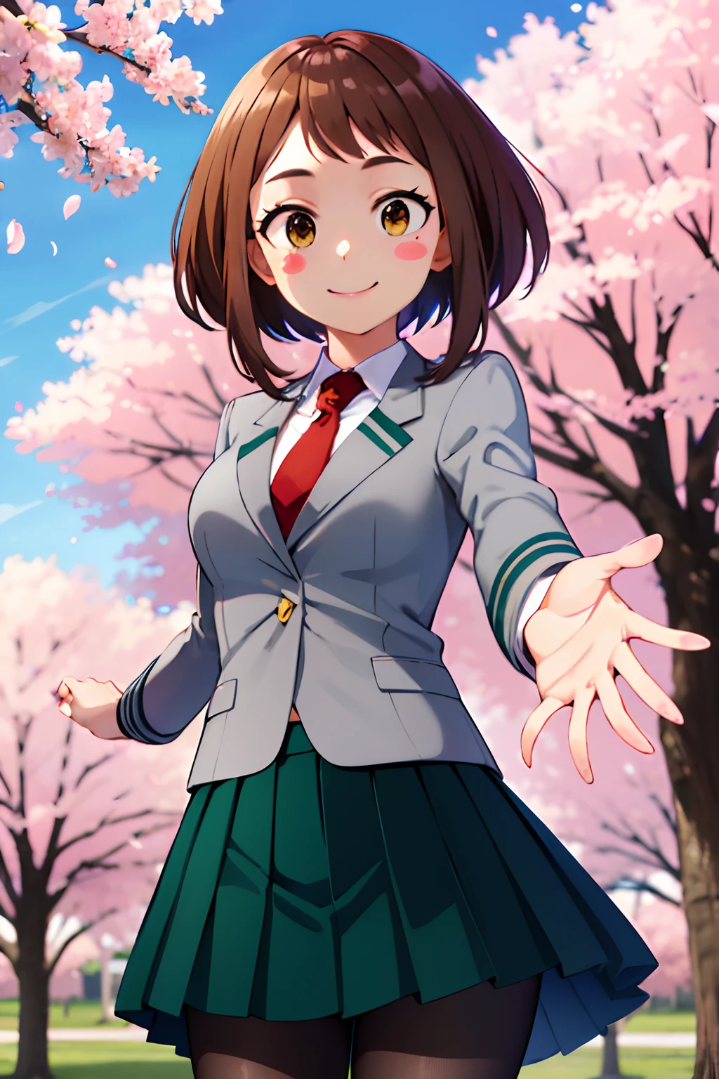 masterpiece, best quality, highres, hmochako, blush stickers, short hair, medium breasts. school uniform, green skirt, pleated skirt, red necktie, black pantyhose, white shirt, long sleeves, grey jacket, reaching out, smile, cherry blossoms, outdoors, cowboy shot,
