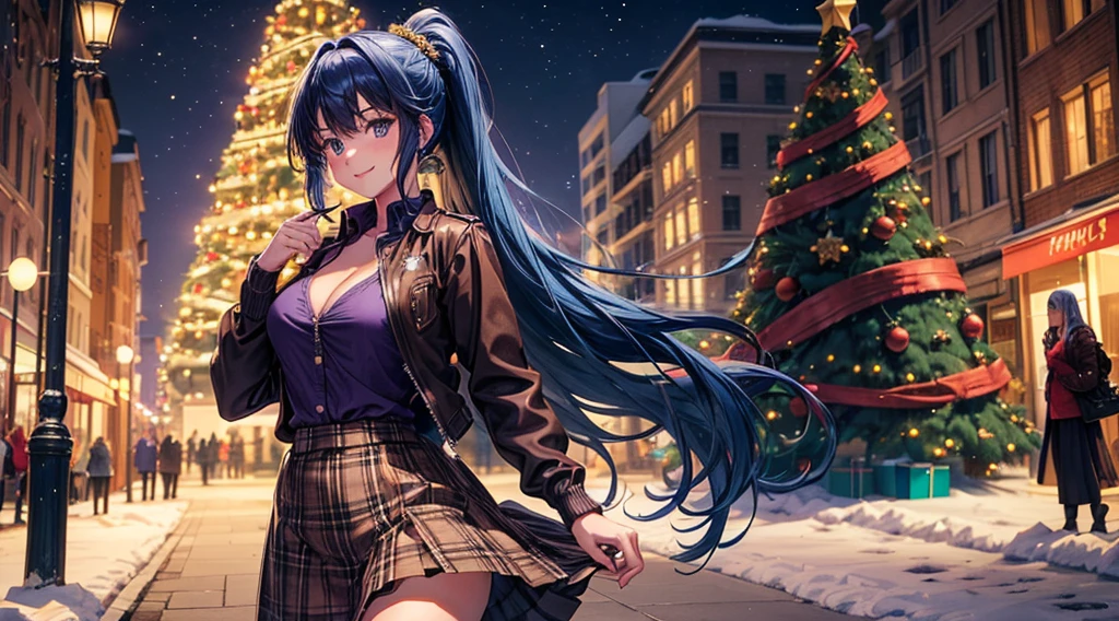 1girl, solo, full body, christmas, ((christmas tree)), street, night, lights, snow, giving gift, long hair, blue hair, curly hair, ponytail, large breasts, button down, ((opened brown zipper jacket)), dark blue eyes, ((purple shirt)), checked shirt, ((unbuttoned shirt)), ((long skirt)), smile, kind, looking at the viewer, standing