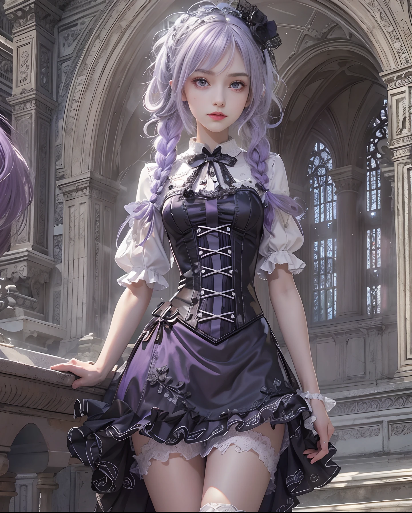 ultra-detailed,extremely detailed CG,production art,facing at viewer,french braid,silver hair,purple hair,silver eyes,looking up at viewer,woman,blush,slender,ideal ratio body proportions,skinny,small breasts,glistening skin,mole under eye,short sleeve,gothic and Lolita clothes,miniskirt,over-kneehighs,piercing,mansion,castle,hyperrealistic