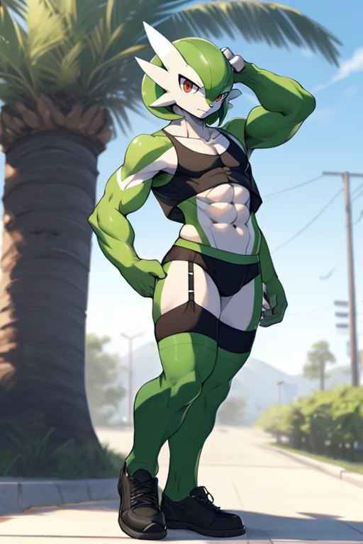 masterpiece, best quality, full body, Solo, male focus, (masculine), furry, pectorals, pectoral cleavage, muscular, sidepec, (wide hips), huge ass, ((Gardevoir)), ((pokemon)), (off-shoulder suit), (sweater crop top), (thigh high lingerie)