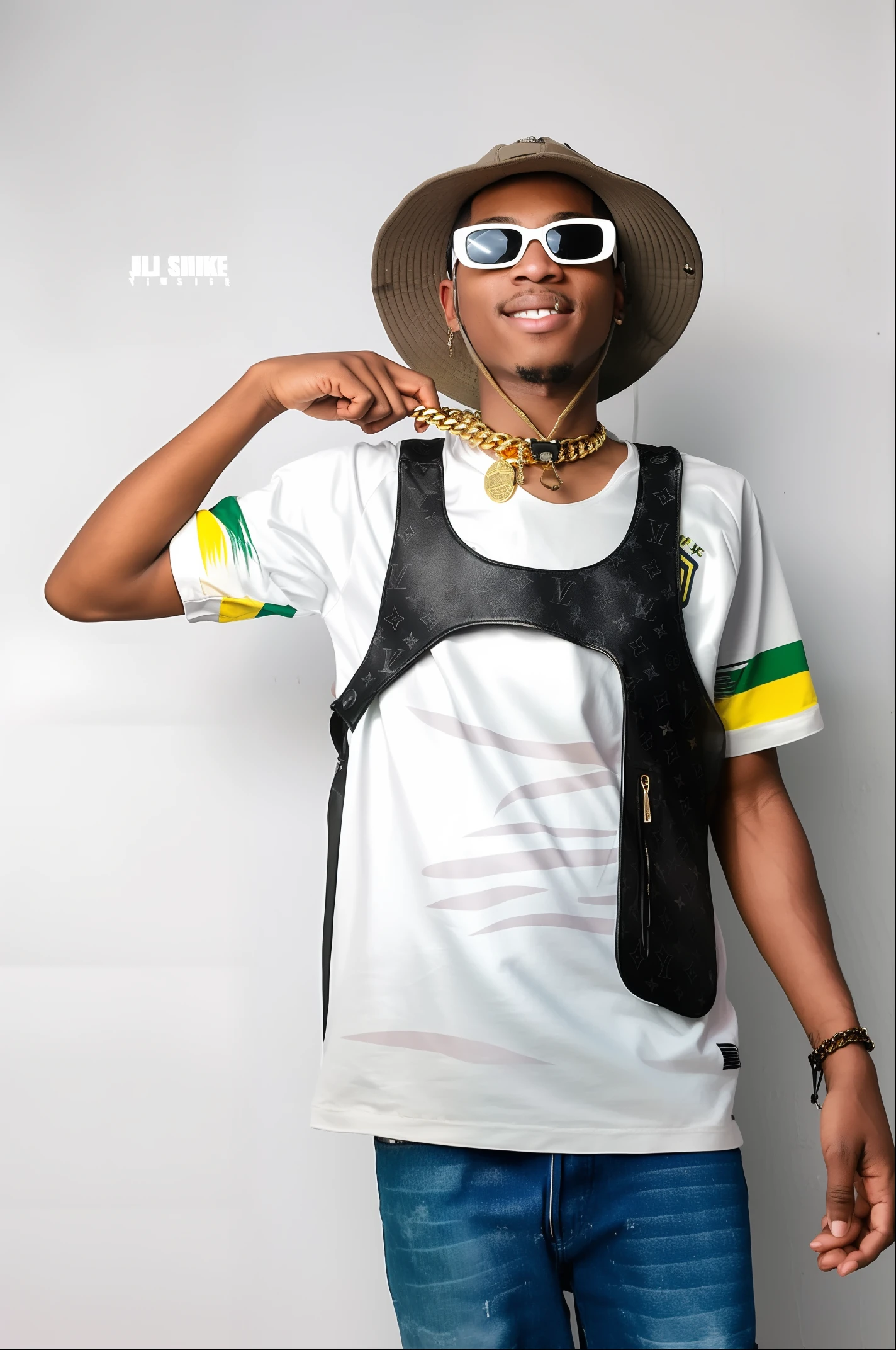A young artist who does Hip Hop with gold in his teeth and three chains around his neck for a stage singing to more than 70 thousand people, he has a microphone in his hand and a naike jacket showing the gold that is in his mouth