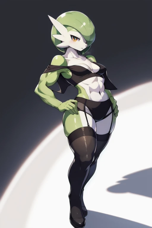 masterpiece, best quality, full body, Solo, male focus, (masculine), furry, pectorals, pectoral cleavage, muscular, sidepec, (wide hips), huge ass, ((Gardevoir)), ((pokemon)), (off-shoulder suit), (sweater crop top), (thigh high lingerie)