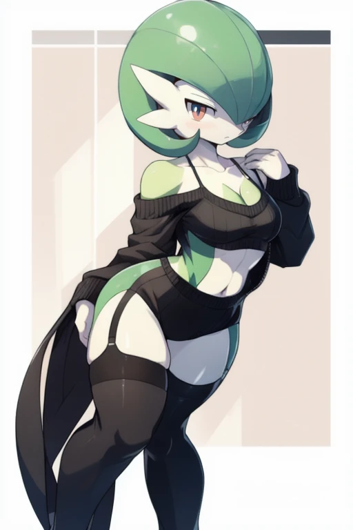 masterpiece, best quality, full body, Solo, male focus, (masculine), furry, pectorals, pectoral cleavage, muscular, sidepec, (wide hips), huge ass, ((Gardevoir)), ((pokemon)), (off-shoulder suit), (sweater crop top), (thigh high lingerie)