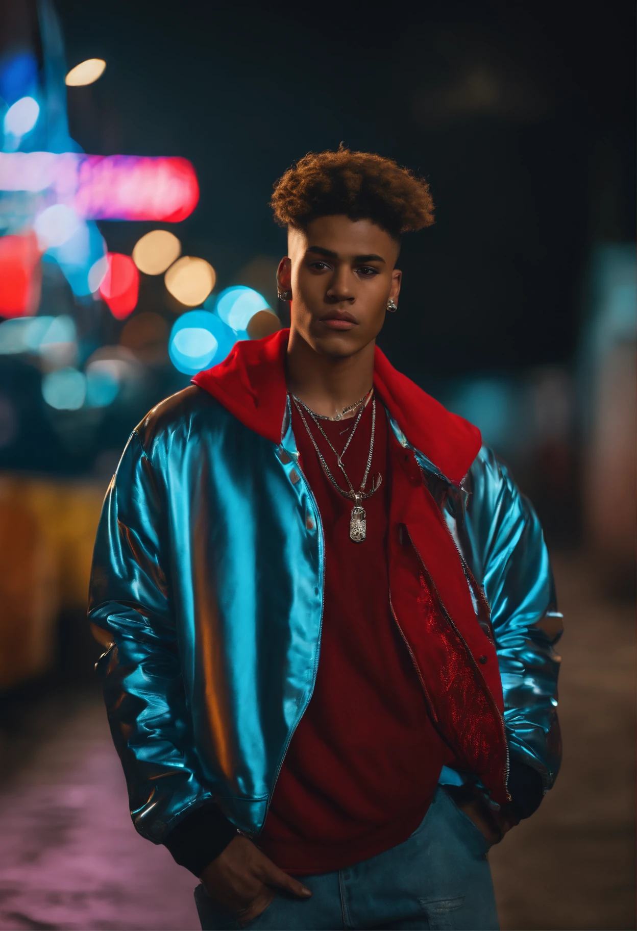 (best quality,4k,8k,highres,masterpiece:1.2),ultra-detailed,(realistic,photorealistic,photo-realistic:1.37), Teenager Titus, Gangster, 2000’s Modern Age Teenager, Wearing Streetwear Fashion Chrome Hearts, edgy, urban environment, neon lights, vibrant colors, intense shadows, confident expression, sleek hairstyle, detailed facial features, intense gaze, baggy jeans, oversized hoodie, graffiti-covered walls, spray cans, stylish sneakers, silver chains, street art, smoke effects.