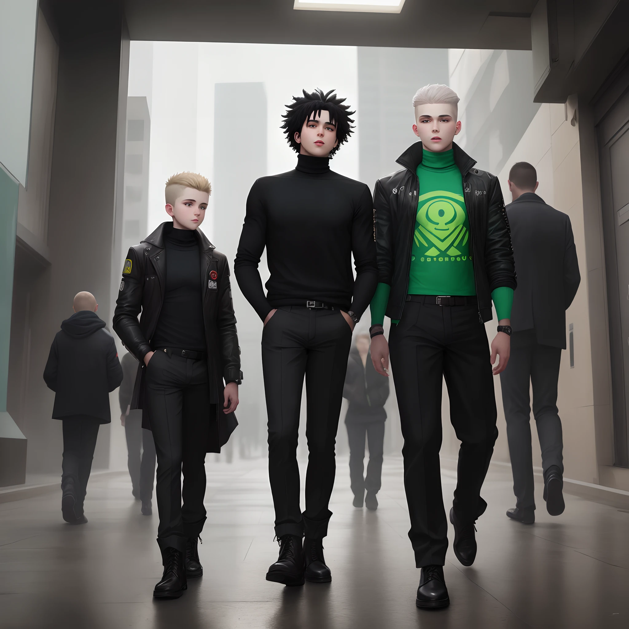 I want you to make a white-skinned boy, Big black hair that's tied up at the top, wears a black turtleneck shirt tucked into his pants, uma jaqueta verde escuro por cima, black pants and black boots on his feet, derriere, se encontra uma cidade cyberpunk