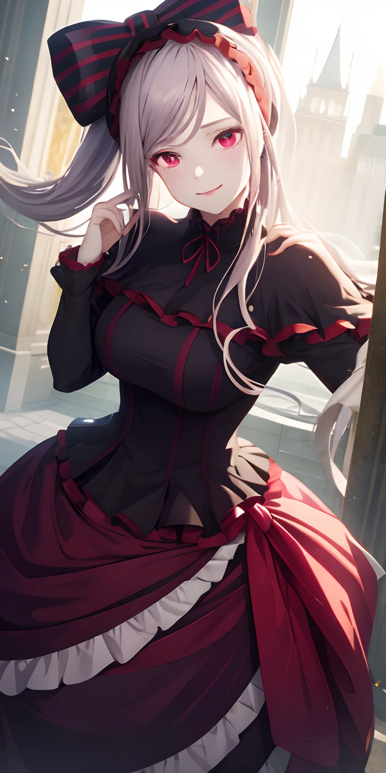 , best quality, ShalltearV4, 1girl, solo, dress, frills, bow, hair bow, fang, slight smile, pale skin, glowing, glowing eyes, portrait
