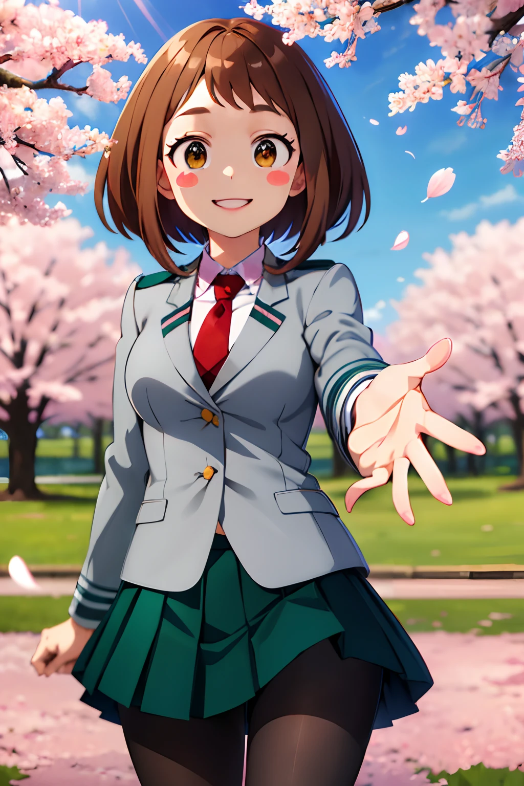 masterpiece, best quality, highres, hmochako, blush stickers, short hair, medium breasts. school uniform, green skirt, pleated skirt, red necktie, black pantyhose, white shirt, long sleeves, grey jacket, reaching out, smile, cherry blossoms, outdoors, cowboy shot,