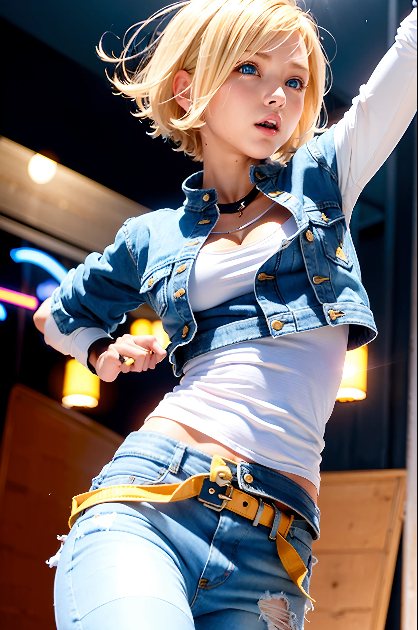 (((1 girl, cute, denim jacket, white top, jeans, Gloves, blond, short hair, bob hair, side parted hair, blue eyes))), (((blond hair))),
dynamic poses, manga style, depicting a group of characters in various action scenes, from intense battles to lighthearted moments, with dramatic speed lines and bold sound effects, capturing the excitement and energy of the story, Laser rays from the palm of hand, Attack forward with palm, yellowstone park, Grand Canyon,
