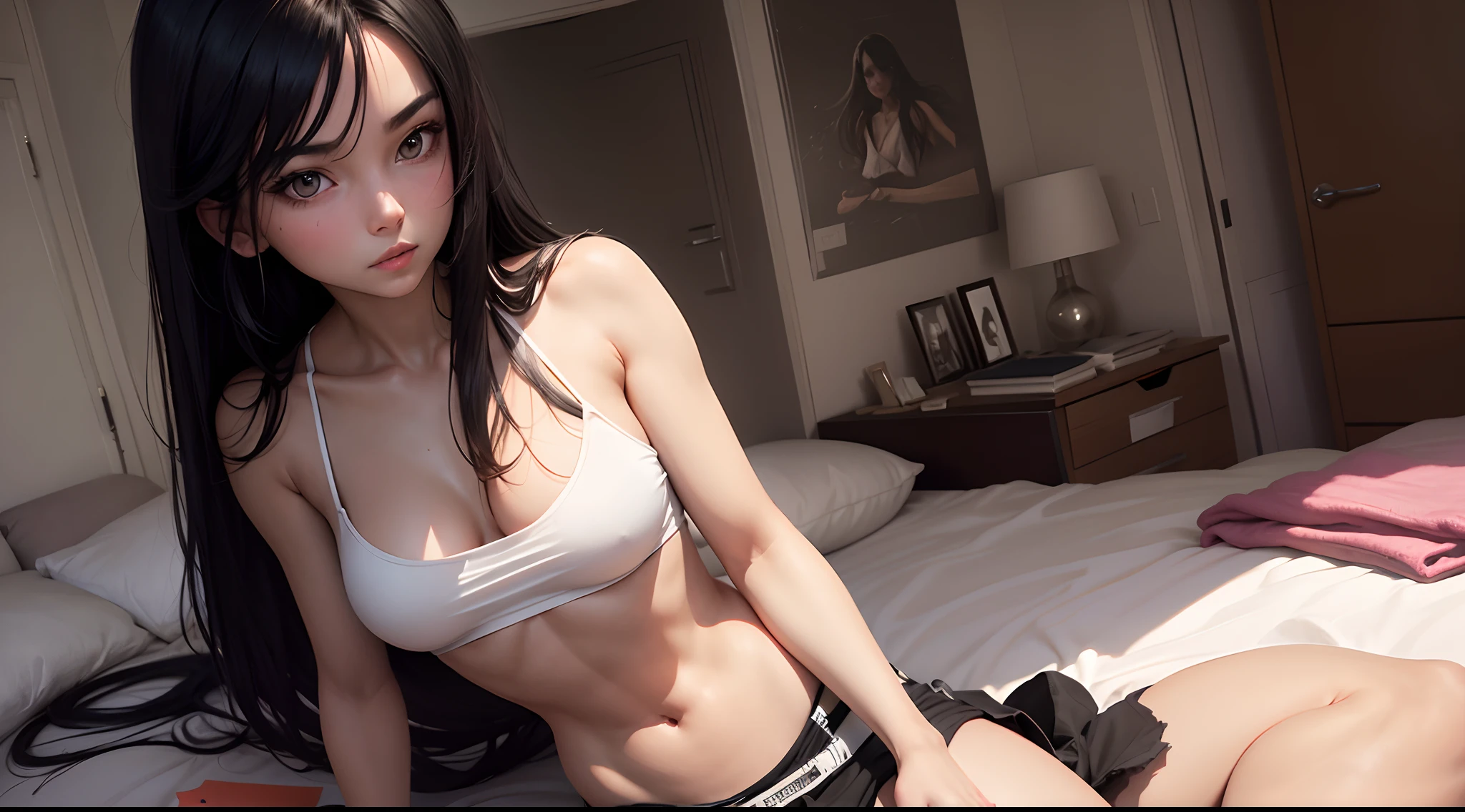 Sketch a girl with long black hair with a cropped top, no bra or shirt. semi in a Room with LED light sitting on her bed