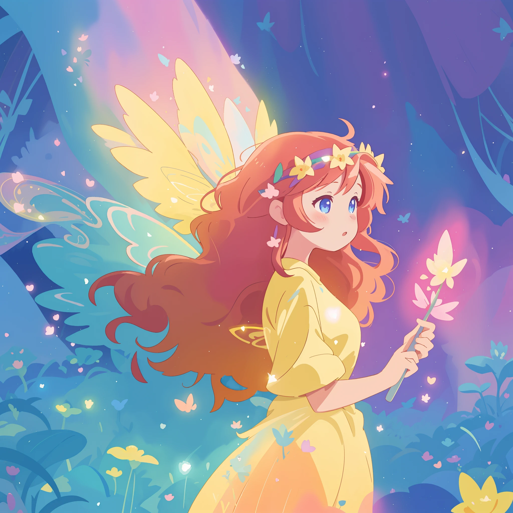 beautiful fairy girl in yellow flowing dress, long curly brown hair, colorful flower crown on her head, colorful fantasia background, large fairy wings, magical pink light, watercolor illustration, disney art style, glowing aura around her, glowing lights, beautiful digital illustration, fantasia otherworldly landscape plants flowers, beautiful, masterpiece, best quality, anime disney style