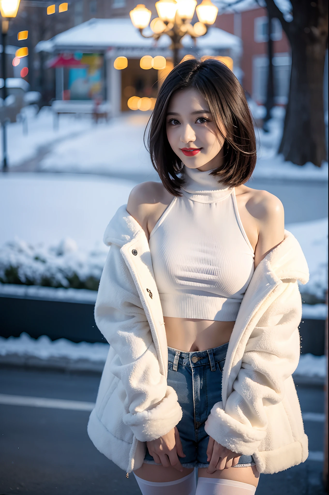 best quality, 4k, 8k, Detailed face, clear face, a pretty girl,Exquisite Makeup, Red lips,laugh, perfect body,shoulder length straight bob hair,big watery eyes,small breasts,thigh,slim,thin, The girl wears a wide white mink fur jacket, Underneath the jacket was White high neck sweater and pantyhose, Snowscape, winter, snow town,from front