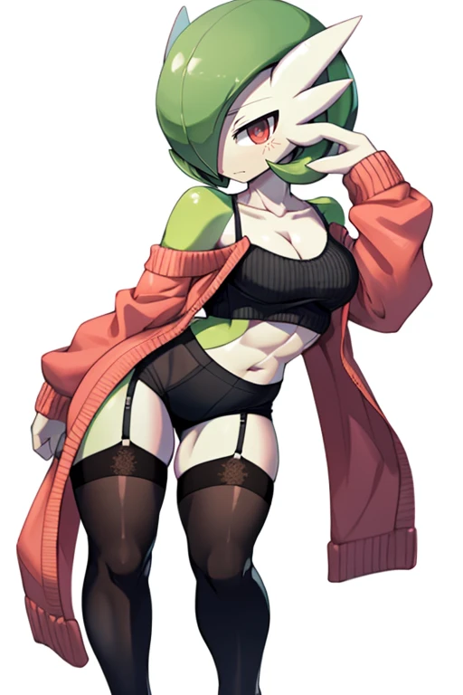 masterpiece, best quality, full body, Solo, male focus, (feminine), furry, pectorals, pectoral cleavage, muscular, sidepec, (wide hips), huge ass, ((Gardevoir)), ((pokemon)), (off-shoulder suit), (sweater crop top), (thigh high lingerie)