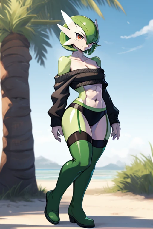 masterpiece, best quality, full body, Solo, male focus, (feminine), furry, pectorals, pectoral cleavage, muscular, sidepec, (wide hips), huge ass, ((Gardevoir)), ((pokemon)), (off-shoulder suit), (sweater crop top), (thigh high lingerie)