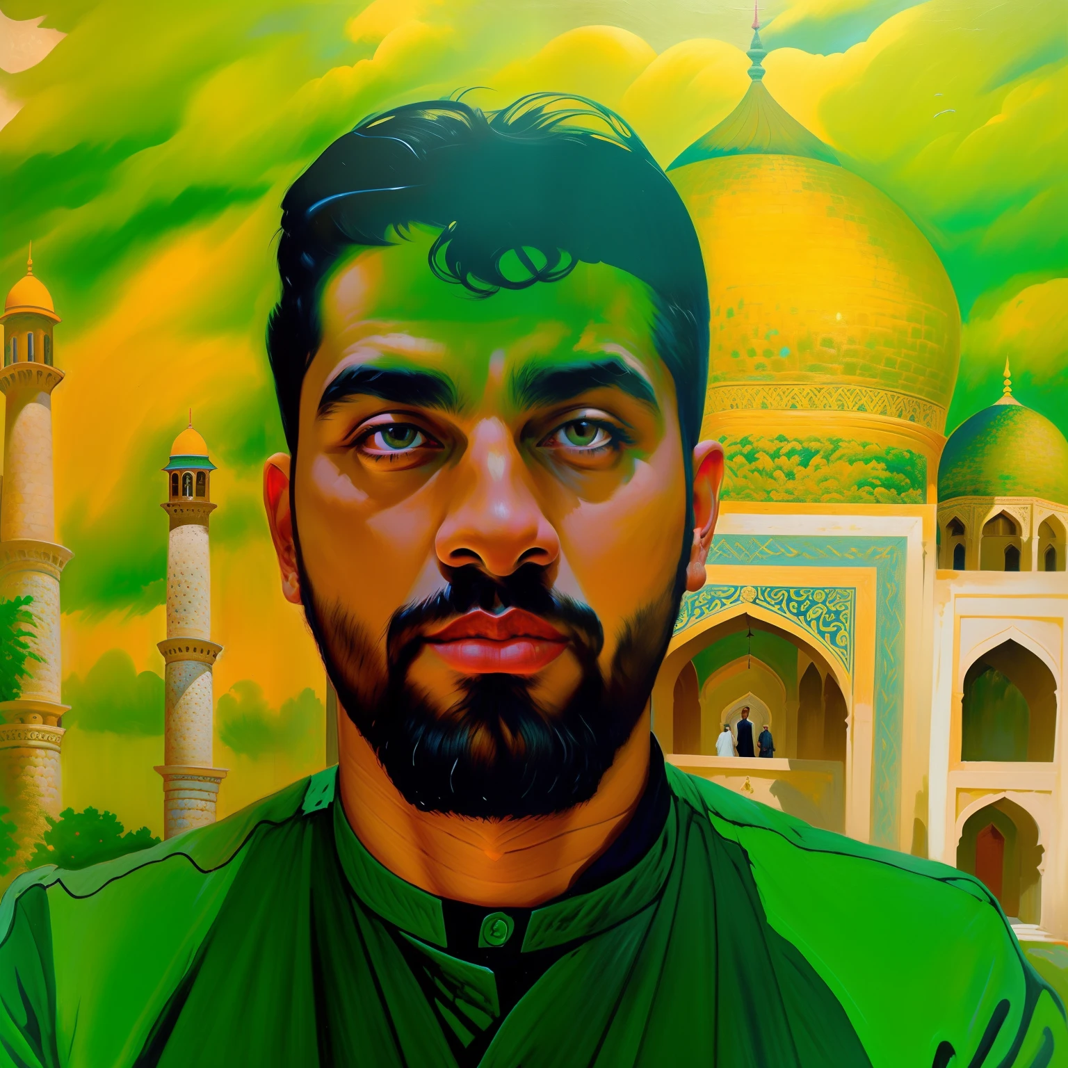Man in green shirt standing in front of a painting, Sayem Reza, Khyzyl Saleem, Mohamed Chahin, Emad Mostaque, Ahmad Merheb, Farid Ghanbari, Mohamed Reda, Shabab Alizadeh, Alex, Mahmud Barzanji, Jamel Shabbaz, Aves de Darnov, Eytan Zana