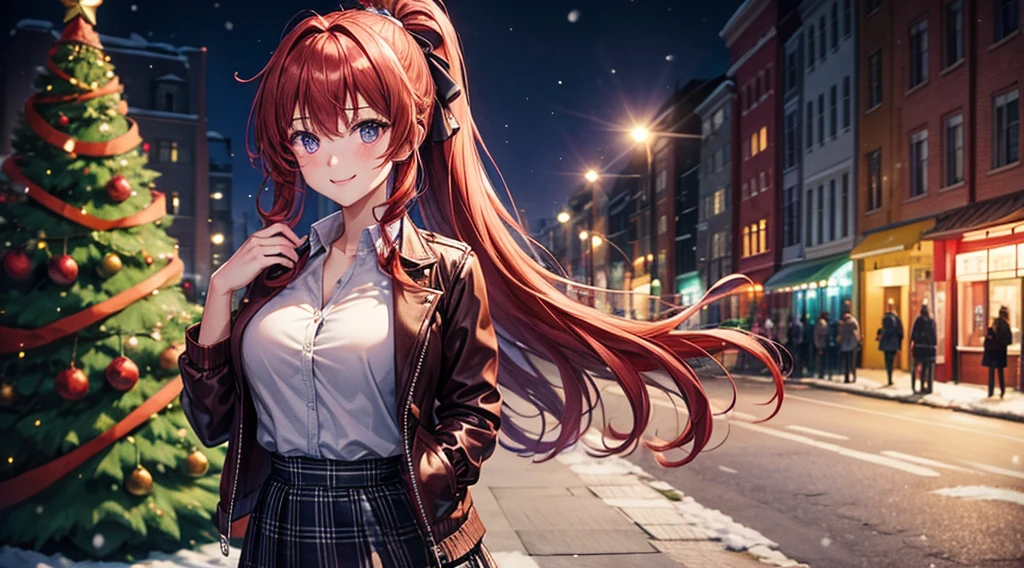 1girl, solo, full body, christmas, ((christmas tree)), street, night, lights, snow, giving gift, long hair, red hair, curly hair, ponytail, large breasts, button down, ((opened brown zipper jacket)), dark blue eyes, ((purple shirt)), checked shirt, ((unbuttoned shirt)), ((long skirt)), smile, kind, looking at the viewer, standing, hair ribbon