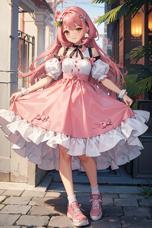 (faz uma menina com cabelo rosa e mecha preta, rosto fofo sorrindo, uma roupa rosa fofa vestido e tenis fofo tambem, orelha de gatinho)