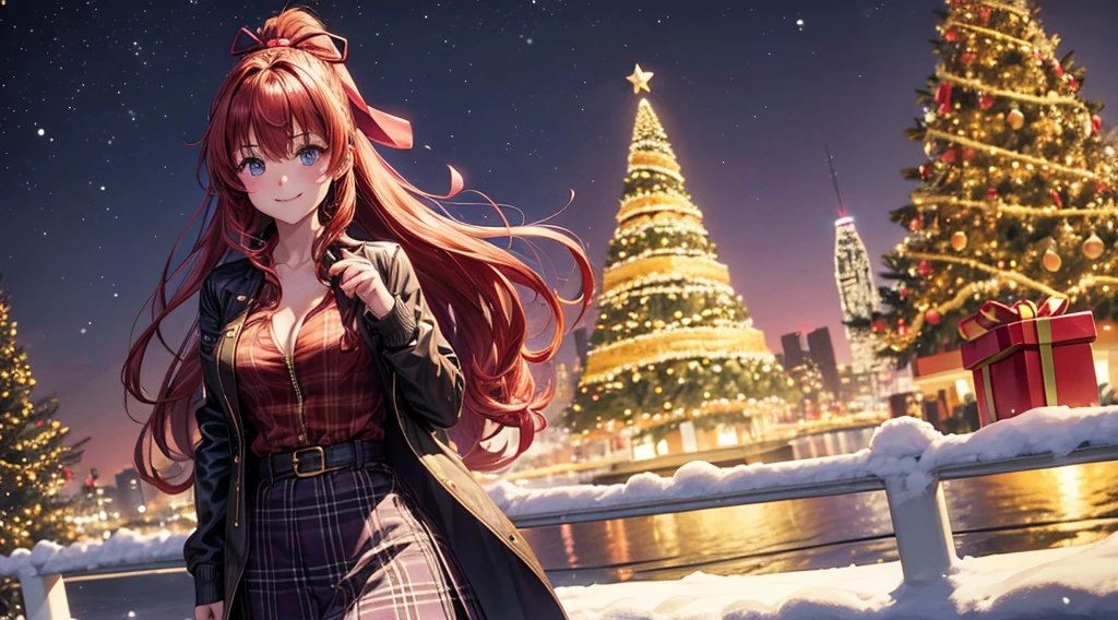 1girl, solo, full body, christmas, ((christmas tree)), street, night, lights, snow, giving gift, long hair, red hair, curly hair, ponytail, large breasts, button down, ((opened brown zipper jacket)), dark blue eyes, ((purple shirt)), checked shirt, ((unbuttoned shirt)), ((long skirt)), smile, kind, looking at the viewer, standing, hair ribbon