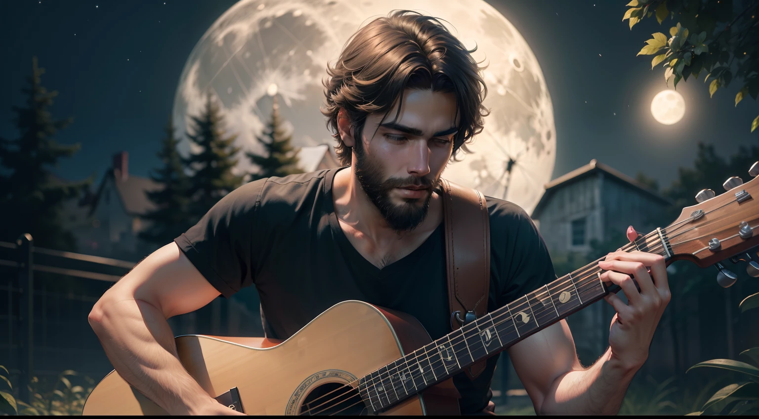 A boy with thin short beard playing acoustic guitar outdoor in full moon night ultra realistic 8k