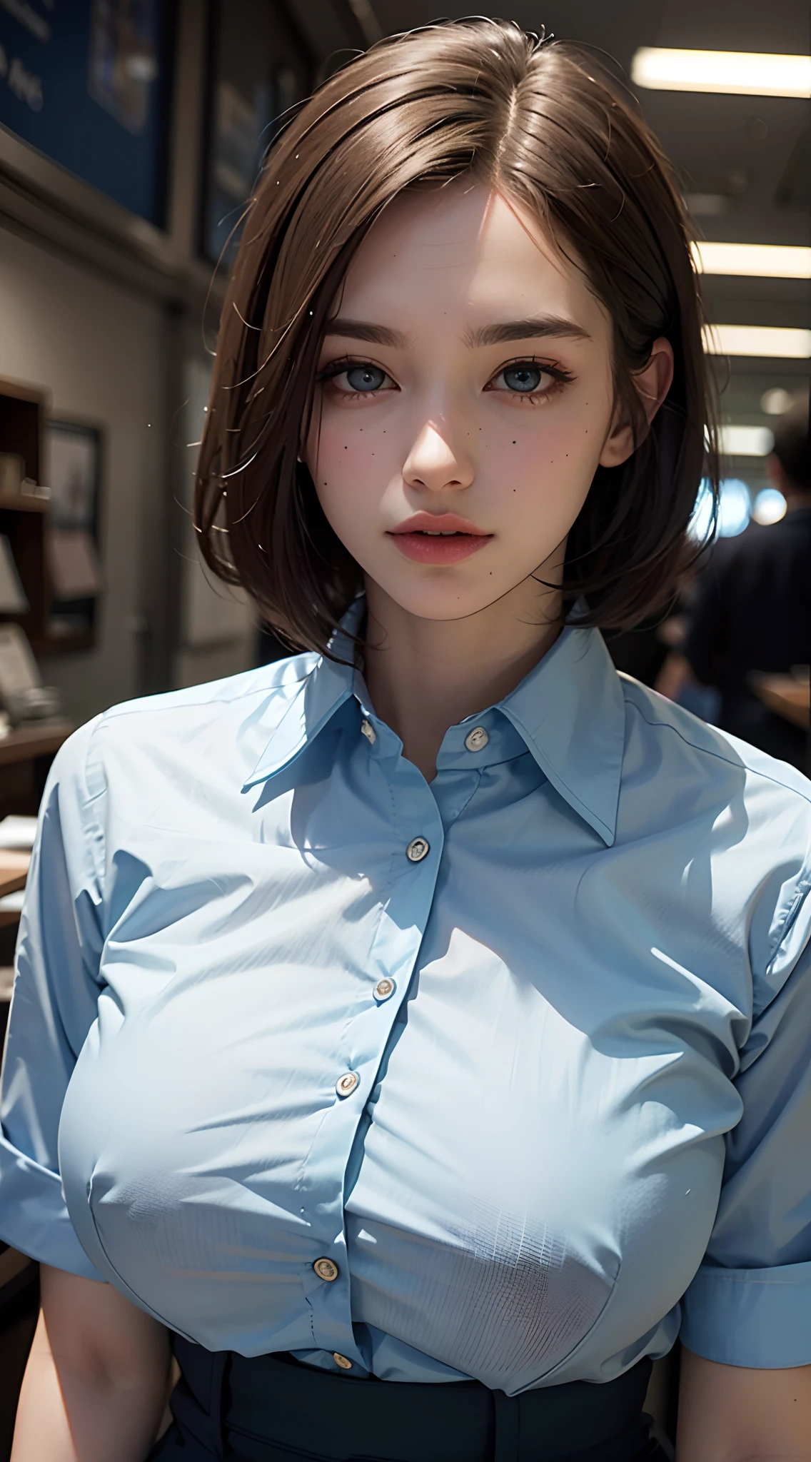 (best quality, 4k, 8k, high-res, masterpiece:1.2), ultra-detailed, (realistic, photorealistic, photo-realistic:1.37), (beautiful detailed eyes, beautiful detailed lips, extremely detailed eyes and face:1.2), studio lighting, physically-based rendering, vivid colors, (big tits, super big tits, super extra big tits), (waist), (business shirt:1.5), (portrait, bob cut), (wide-eyed surprise:1.5),