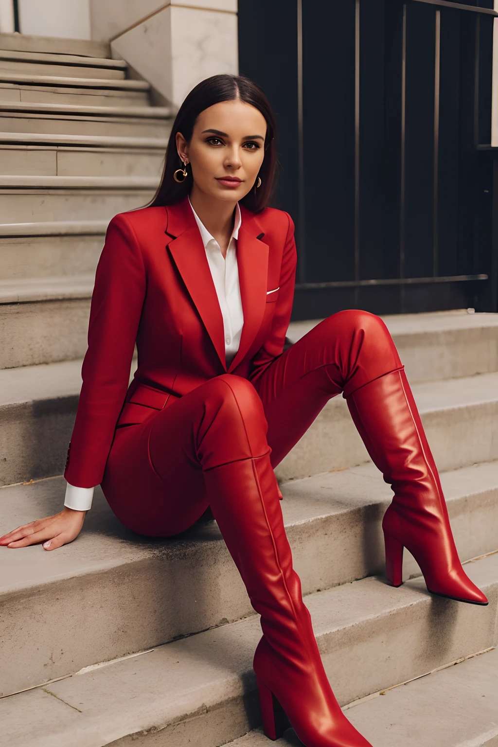 araffe woman in a suit and red boots sitting on a set of stairs, a picture by Anita Malfatti, instagram, bauhaus, red boots, red suit, wearing red, wearing a red outfit, in style of juergen teller, wearing red attire, 🤬 🤮 💕 🎀, dominating red color, red tones, wearing red clothes