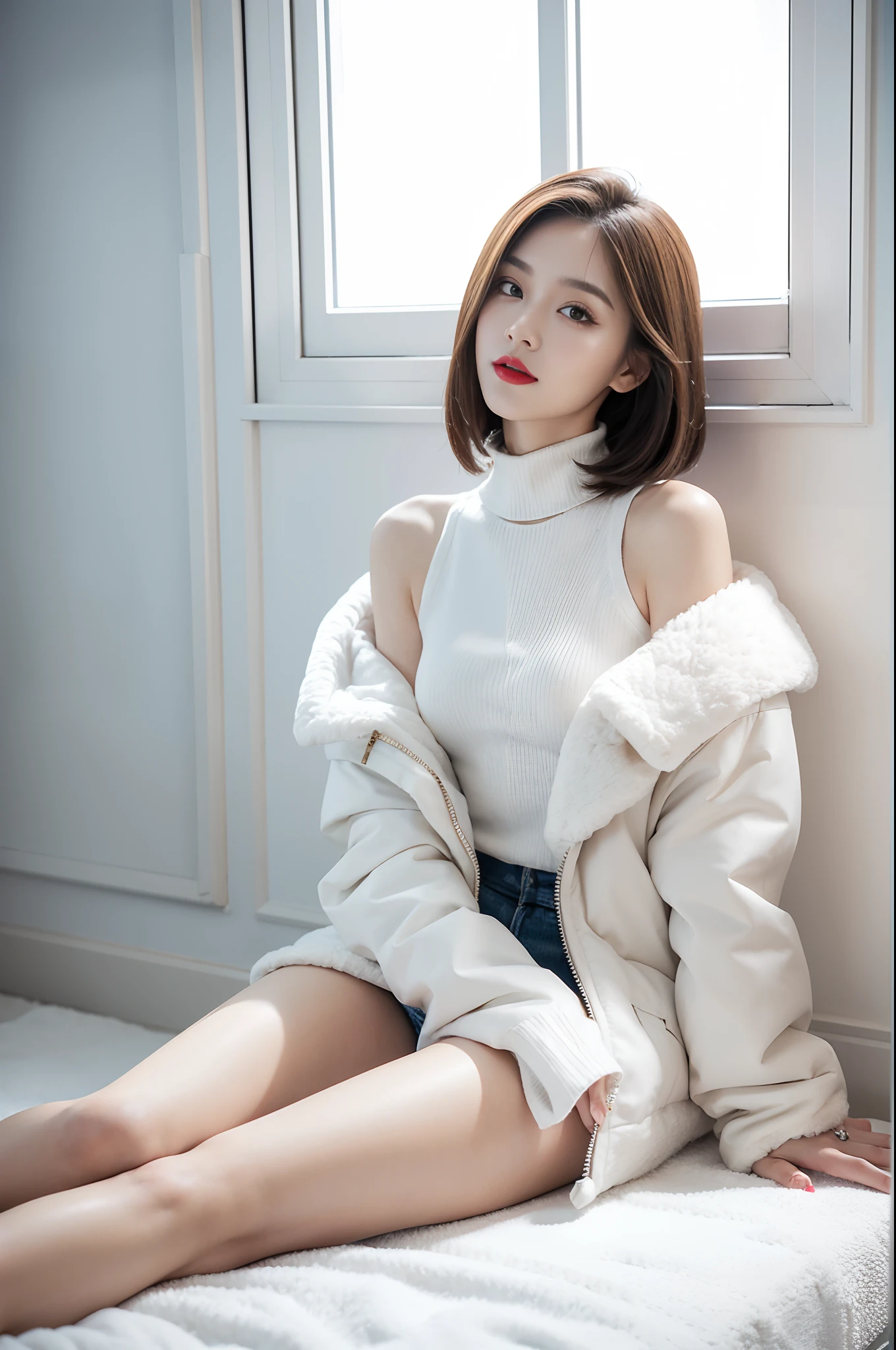 best quality, 4k, 8k, Detailed face, clear face, a pretty girl,Exquisite Makeup, Red lips,laugh, perfect body,shoulder length straight bob hair,small head,small face,big watery eyes,small breasts,thigh,slim,thin, The girl wears a wide white mink fur jacket, Underneath the jacket was White high neck sweater and pantyhose, Snowscape, winter, snow town,from front,full body