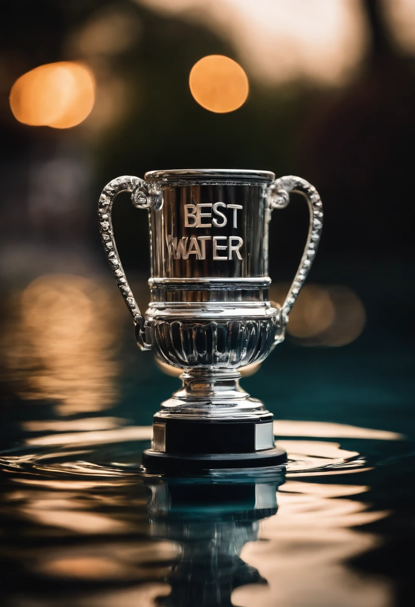 a trophy with "best water" written on it, floating in a pool of water