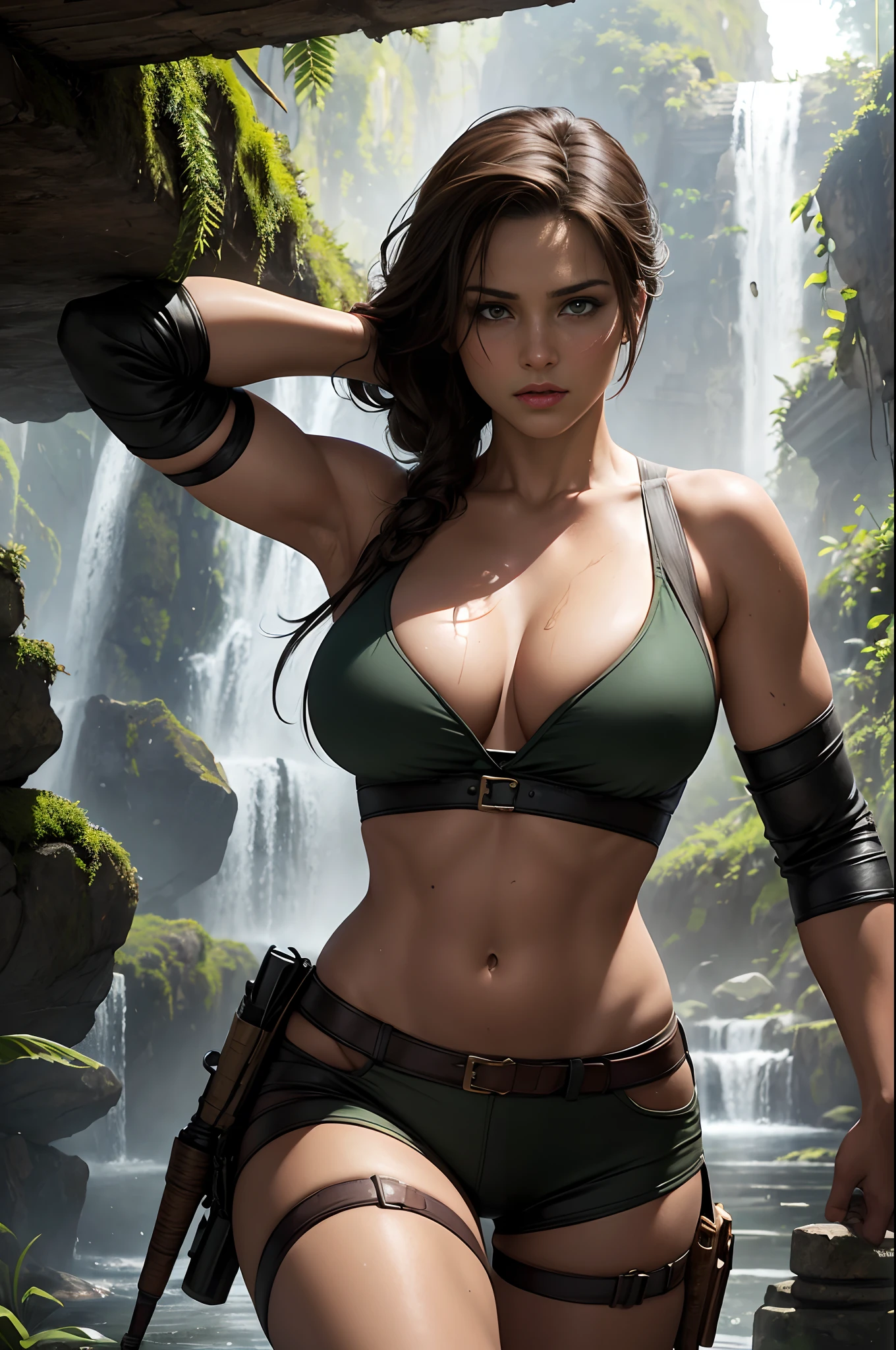 An adventurous scene unfolds as Lara Croft, the iconic Tomb Raider, is captured exploring the mysterious and ancient Mayan ruins. The scene is bathed in vibrant colors, capturing the essence of the exotic location.
To ensure the highest quality and level of detail, the prompt should begin with "(best quality, 4k, 8k, highres, masterpiece:1.2), ultra-detailed, (realistic, photorealistic, photo-realistic:1.37)," emphasizing the desire for a visually stunning and realistic representation of the scene.
Lara Croft is prominently featured as the central focus of the artwork, capturing her strong and determined character. Her piercing and mesmerizing gaze is described as "intense, focused eyes," drawing attention to her beautiful and detailed eyes. Her facial features, including "well-defined nose" and "full lips," are highlighted to ensure accuracy and avoid any unintentional distortions.
The ruins themselves are depicted with grandeur and allure. The prompt should include tags to describe the textures and materials used, such as "ancient stone structures" and "vividly weathered walls." The scene should be flooded with an enchanting, natural light, casting intriguing shadows and illuminating intricate carvings and hieroglyphics.
Incorporate various additional details to enhance the depth and atmosphere of the artwork, such as "dense jungle foliage," "dripping moss," or "glimmers of hidden treasure." These additional details will enrich the overall composition, offering a sense of intrigue and discovery.
To align with the adventurous spirit of Tomb Raider, the prompt could encompass an artistic style that imbues a sense of realism and wonder. Consider adding the tag "semi-realistic" or "fantastical realism" to convey a balance between reality and the magical elements present in the scene.
Choose a color palette that complements the environment and the character of Lara Croft. Color tags such as "earthy tones," "rich greens," or "sun-kissed hues" will contribute to the immersive experience. It's essential to create a harmonious interplay between the elements, ensuring a cohesive and visually appealing artwork.
With this prompt, Stable Diffusion will bring to life an awe-inspiring image where Lara Croft navigates the intricate Mayan ruins, encompassed by the beauty and mystery of the ancient world.