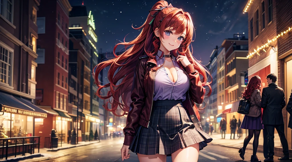 1girl, solo, full body, christmas, ((christmas tree)), street, night, lights, snow, giving gift, long hair, red hair, curly hair, ponytail, large breasts, button down, ((opened brown zipper jacket)), dark blue eyes, ((purple shirt)), checked shirt, ((unbuttoned shirt)), ((long skirt)), smile, kind, looking at the viewer, standing, hair ribbon