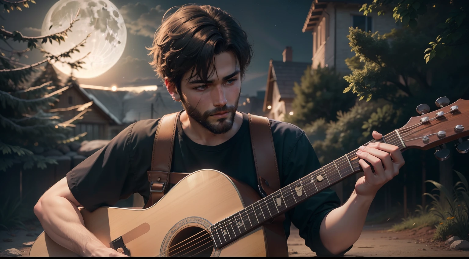 A boy with thin short beard playing acoustic guitar outdoor in full moon night ultra realistic 8k