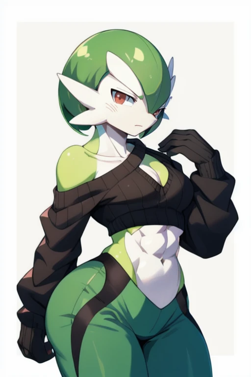 masterpiece, best quality, full body, Solo, male focus, (masculine), furry, pectorals, pectoral cleavage, muscular, sidepec, (wide hips), huge ass, ((Gardevoir)), ((pokemon)), (off-shoulder suit), (sweater crop top), (thigh high lingerie)